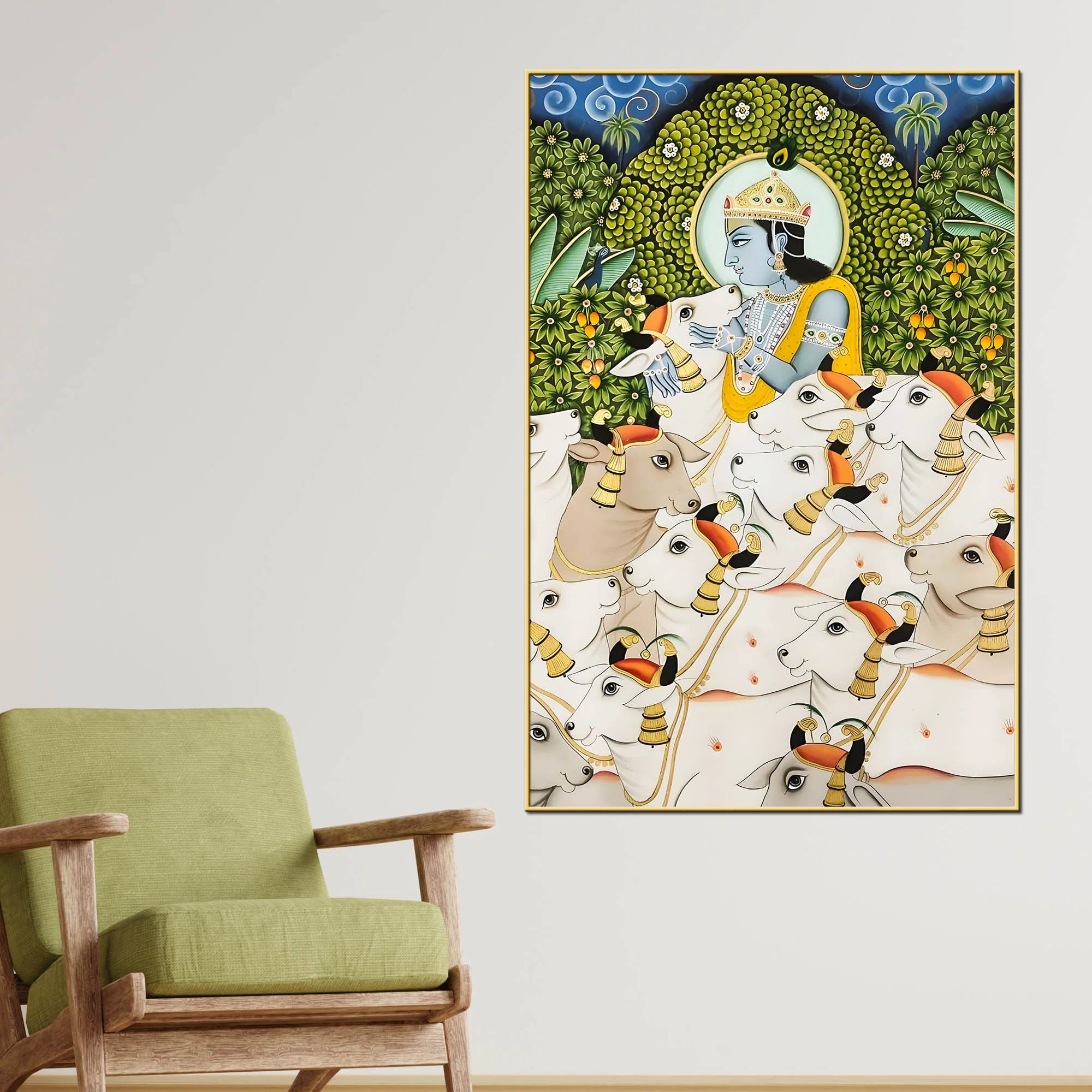 Lord Shree Krishna Gopala with Sacred Cows Canvas Wall Painting - Image 2