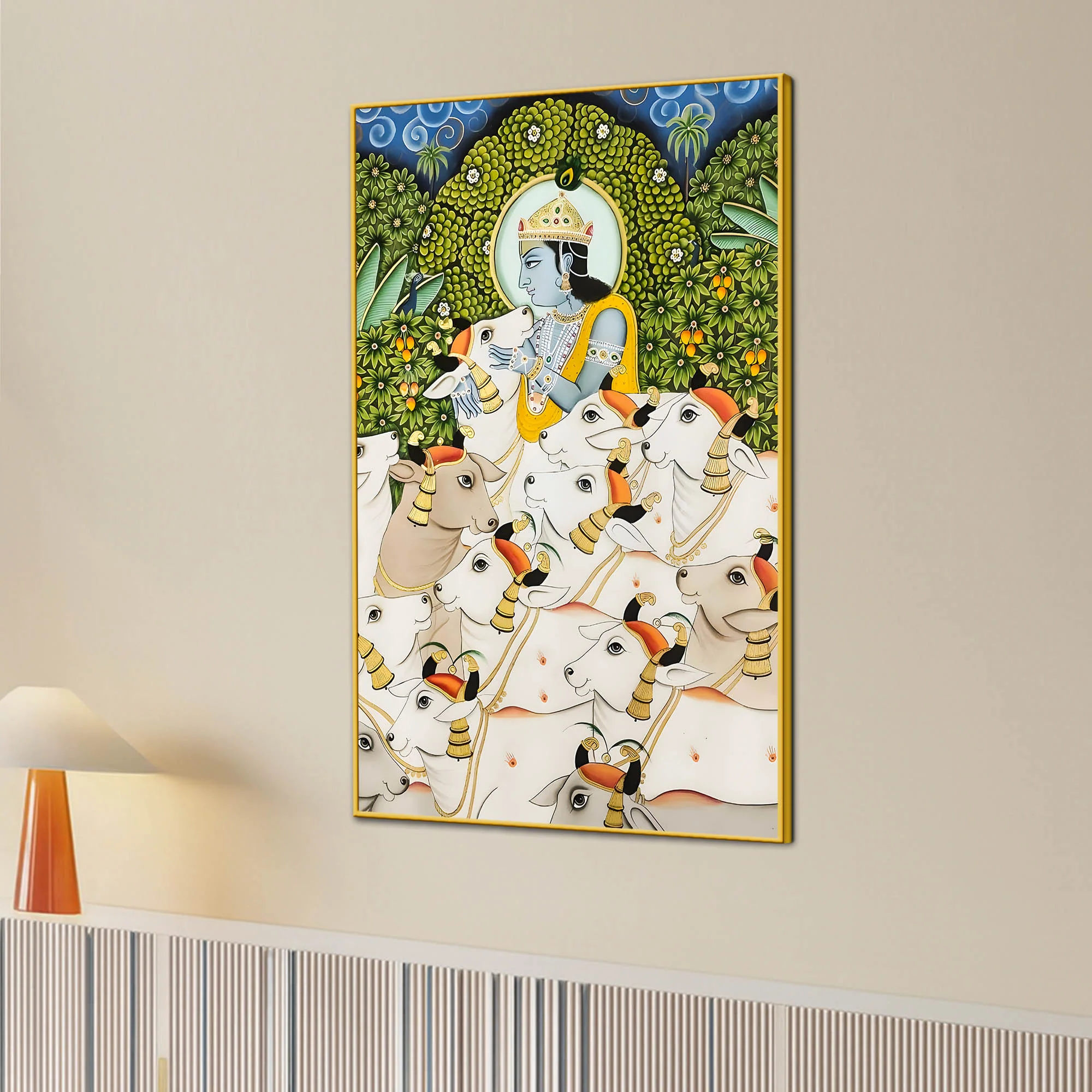 Lord Shree Krishna Gopala with Sacred Cows Canvas Wall Painting - Image 3