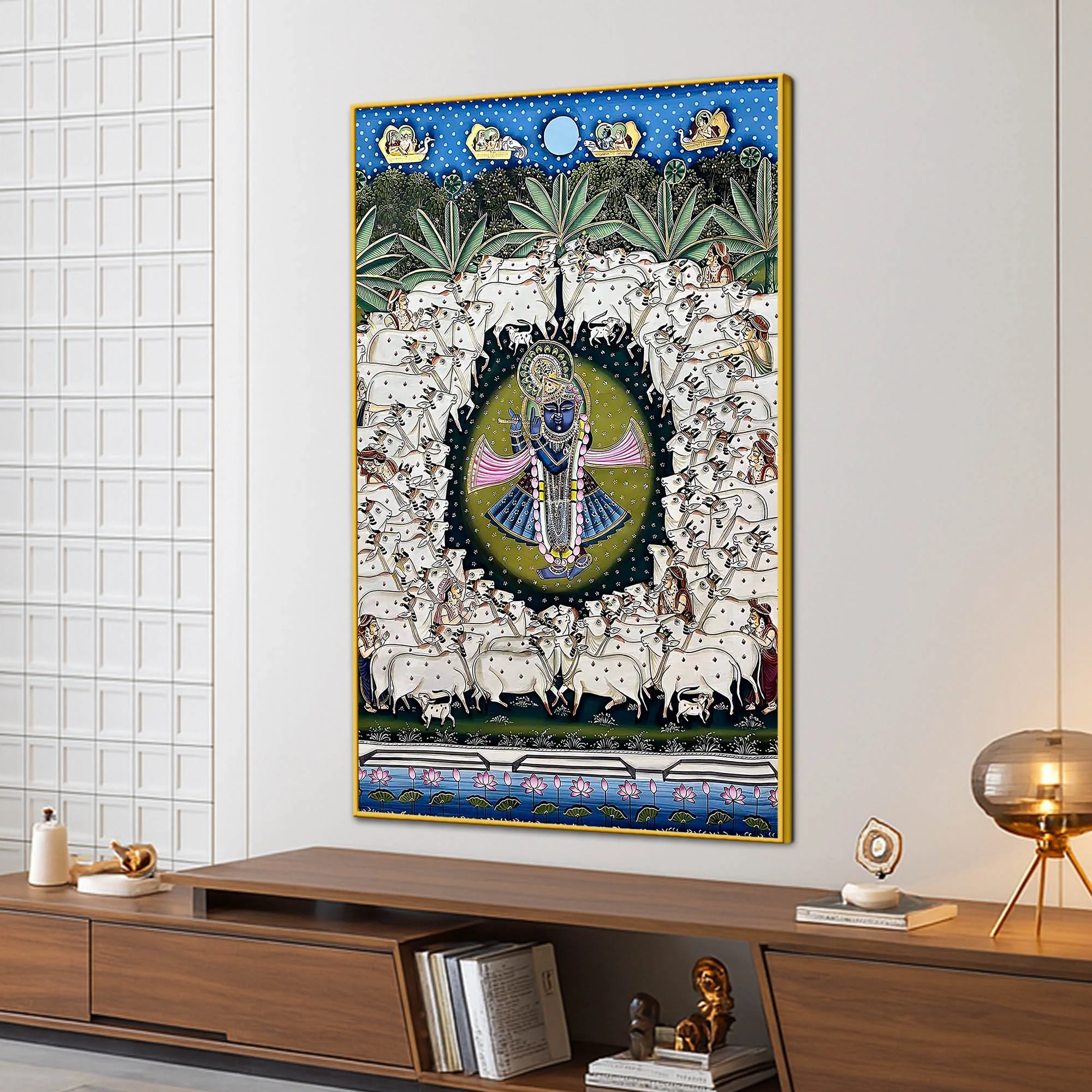 Lord Shreenathji Surrounded By Sacred Cows Pichwai Canvas Wall Painting - Image 3