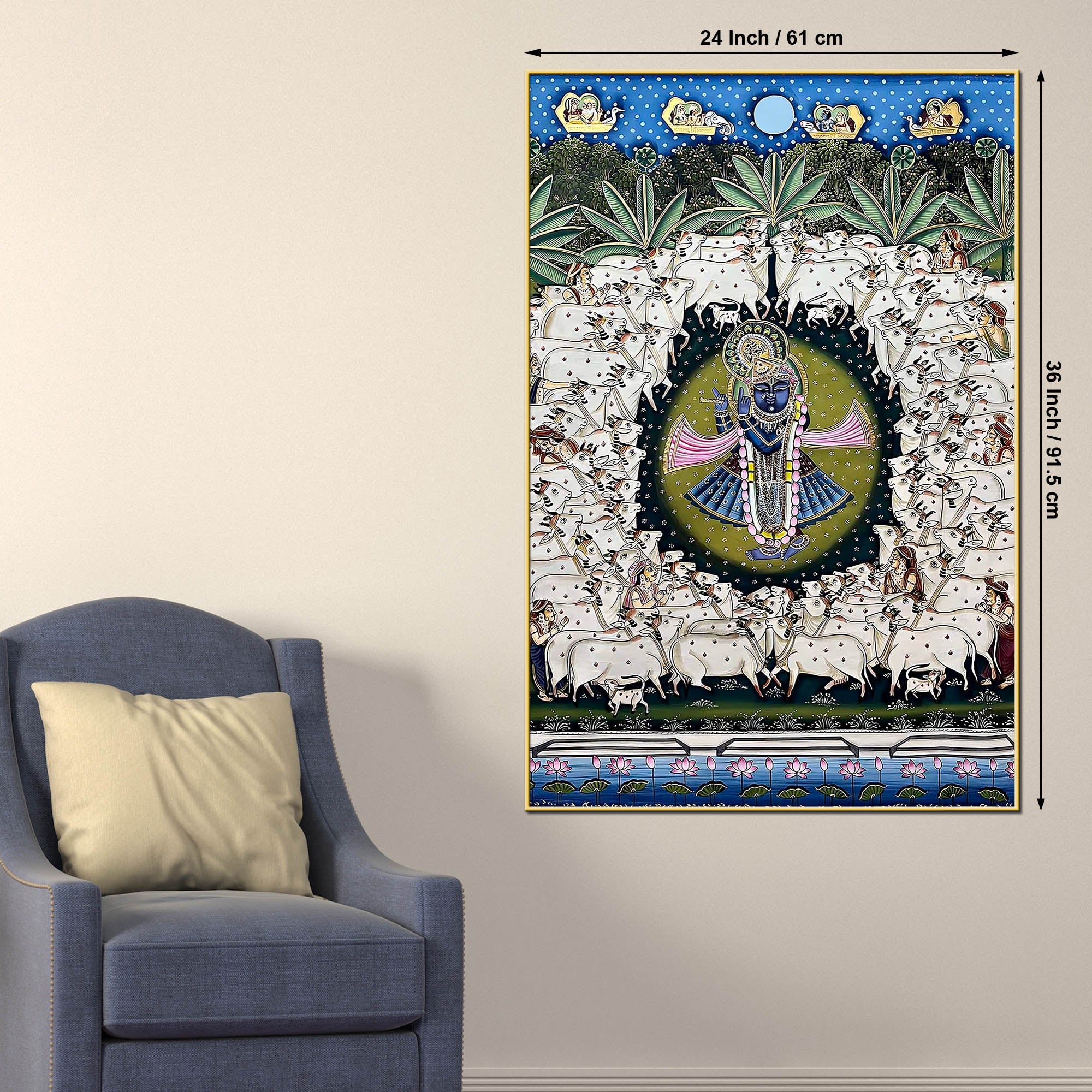Lord Shreenathji Surrounded By Sacred Cows Pichwai Canvas Wall Painting - Image 5
