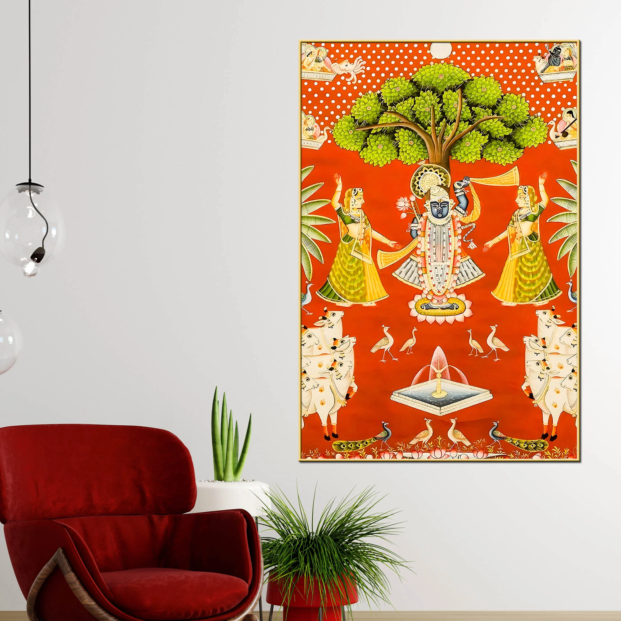 Lord Shreenathji with Cows & Gopikas Pichwai Canvas Wall Painting - Image 2