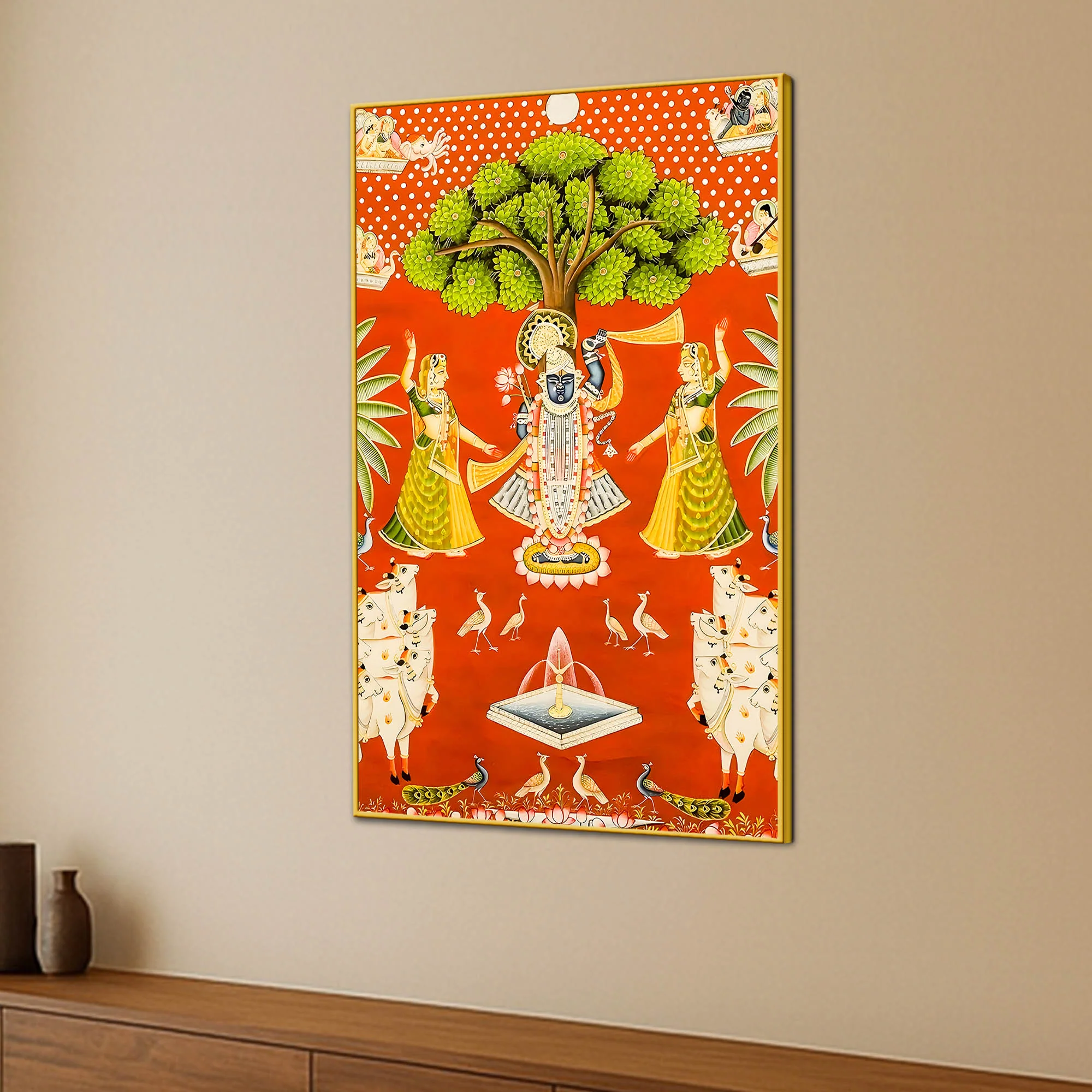 Lord Shreenathji with Cows & Gopikas Pichwai Canvas Wall Painting - Image 3