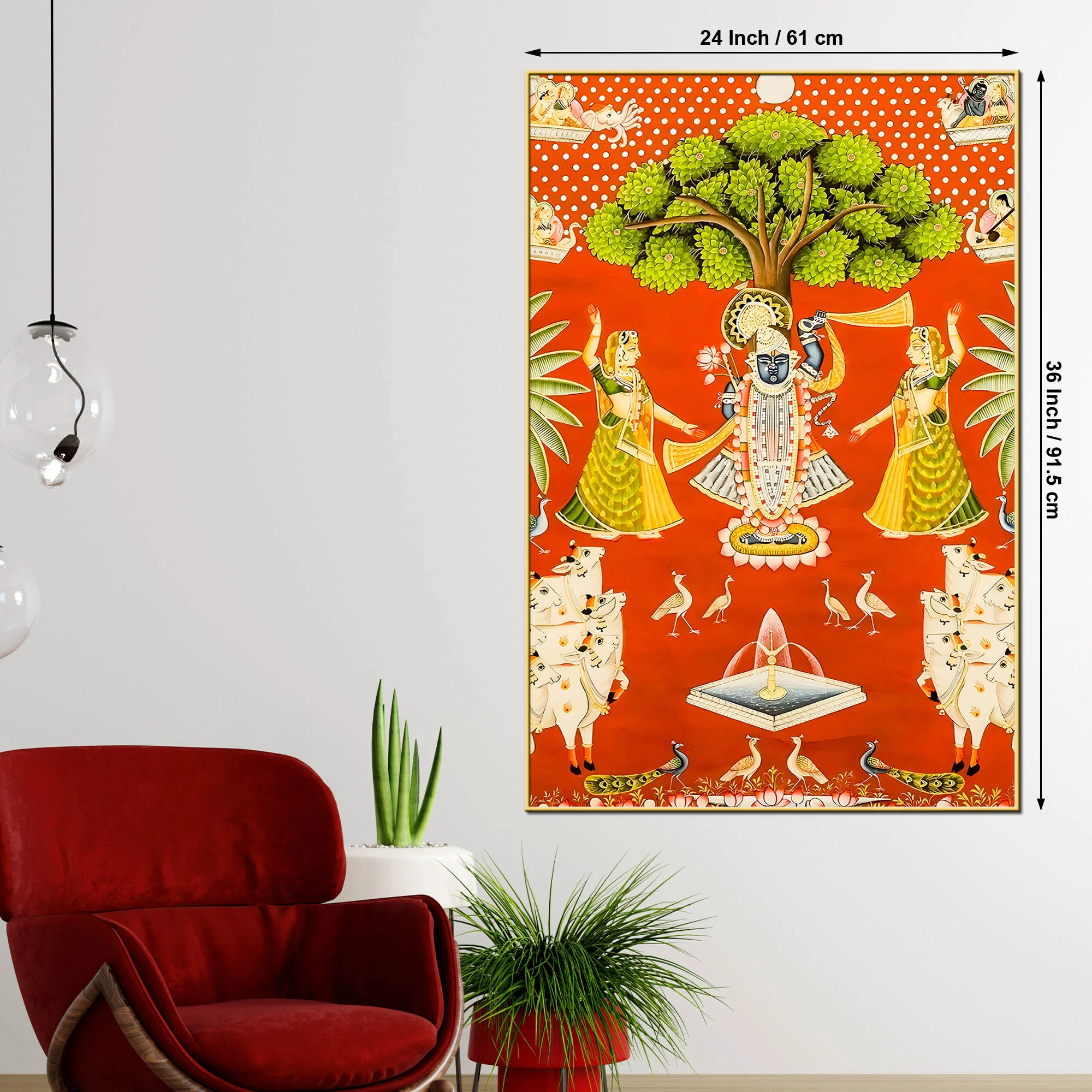 Lord Shreenathji with Cows & Gopikas Pichwai Canvas Wall Painting - Image 5