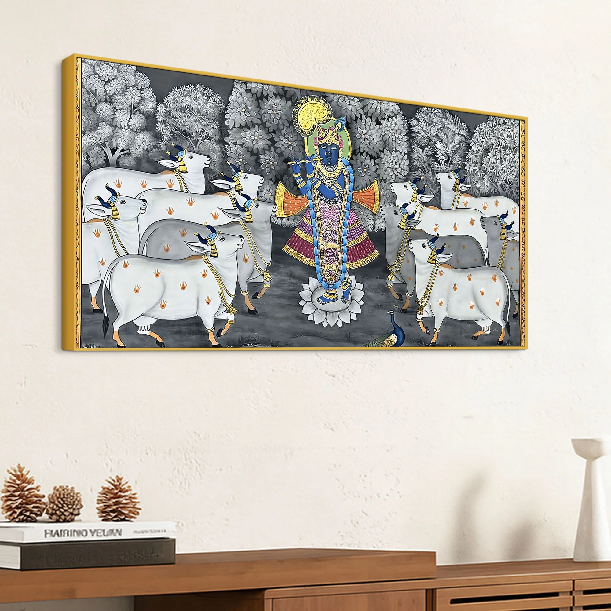 Lord Shri Krishna Govardhan Gopal with Sacred Cows Pichwai Canvas Wall Painting - Image 5
