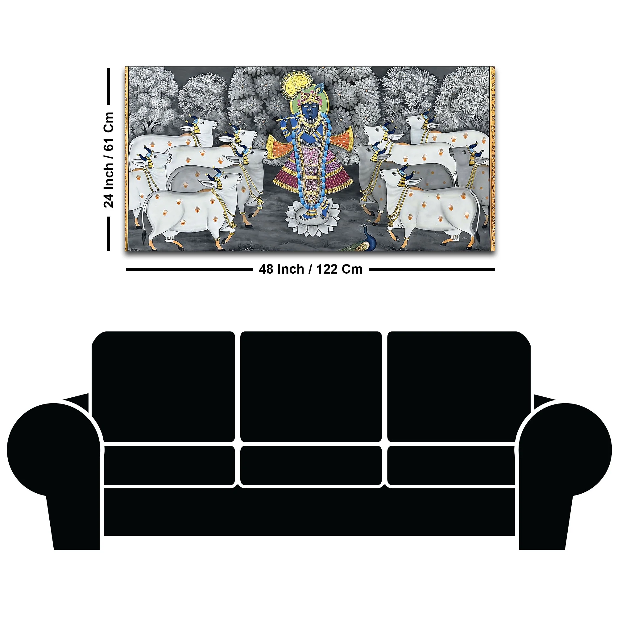 Lord Shri Krishna Govardhan Gopal with Sacred Cows Pichwai Canvas Wall Painting - Image 8
