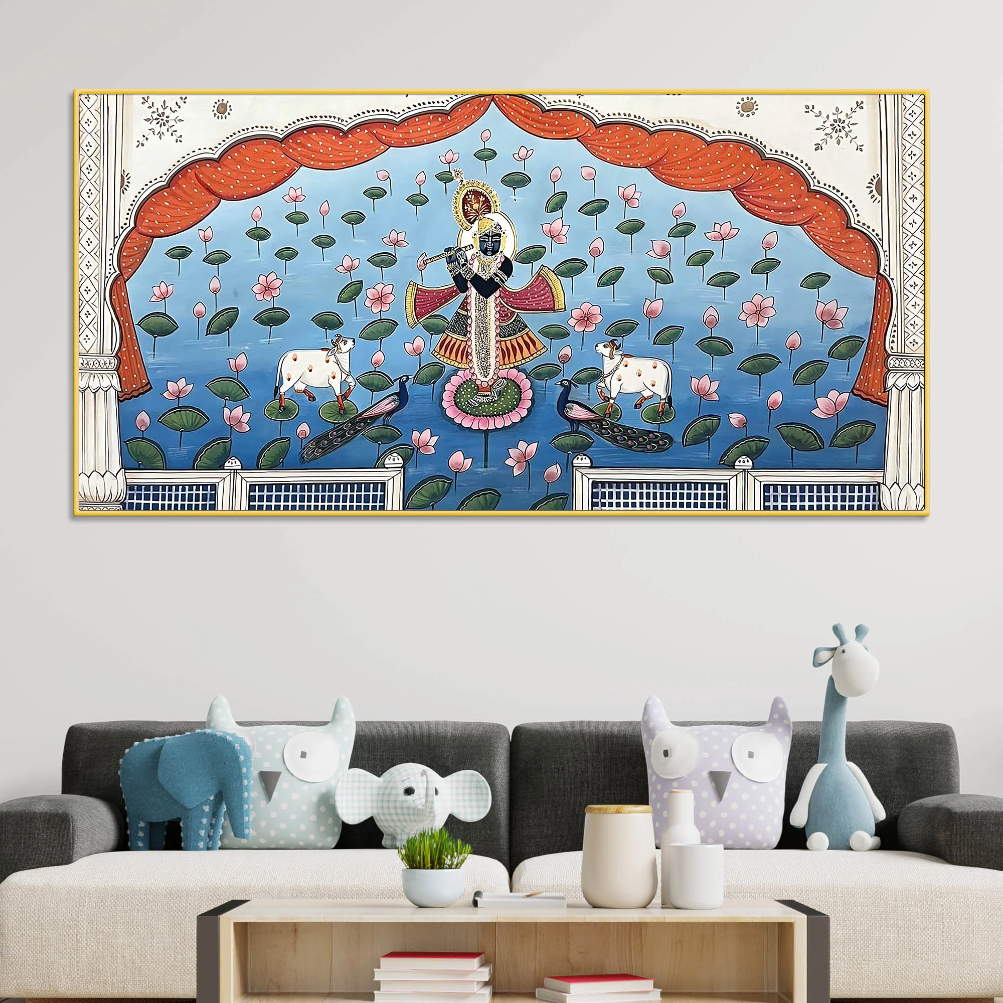 Lord Shri Krishna In Lotus Lake Pichwai Canvas Wall Painting for Home Decor