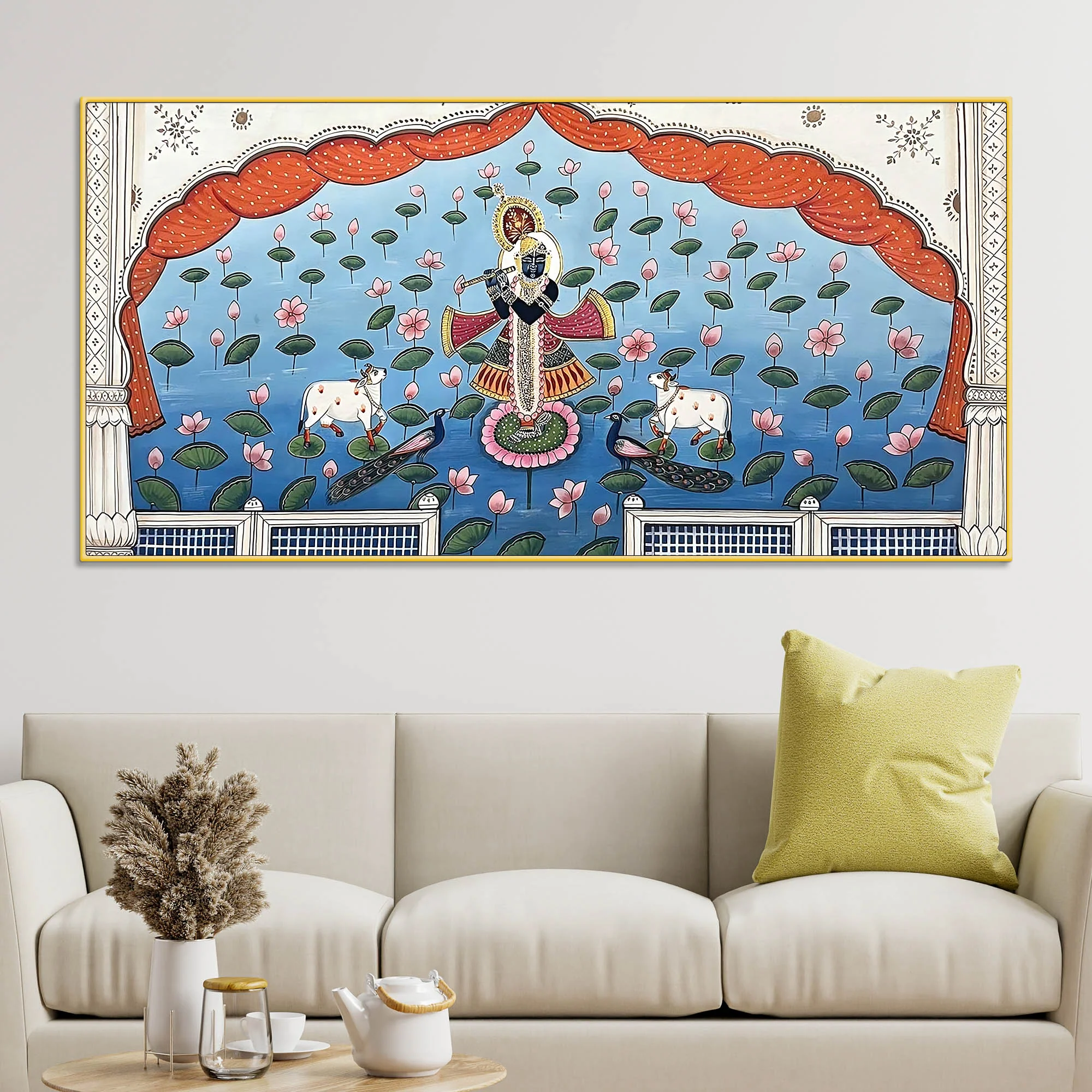 Lord Shri Krishna In Lotus Lake Pichwai Canvas Wall Painting for Home Decor - Image 2