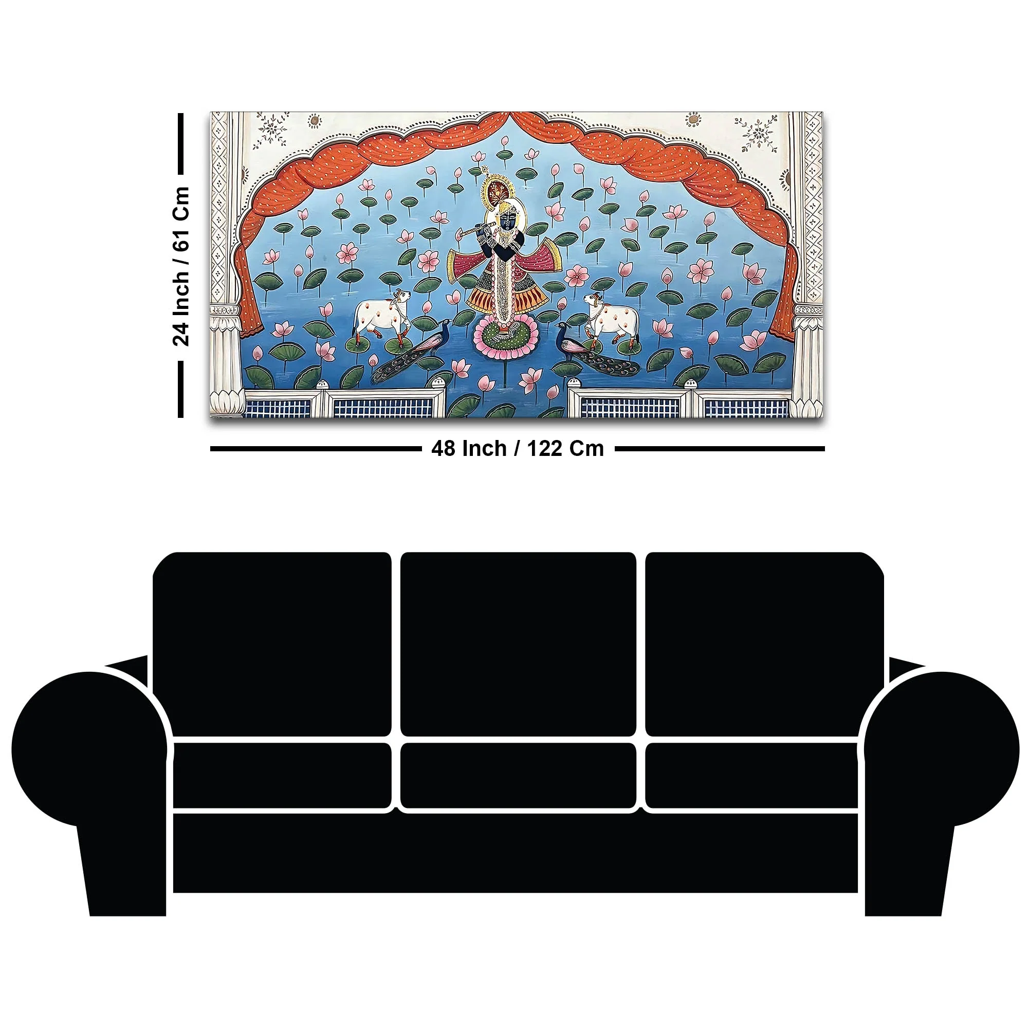 Lord Shri Krishna In Lotus Lake Pichwai Canvas Wall Painting for Home Decor - Image 8
