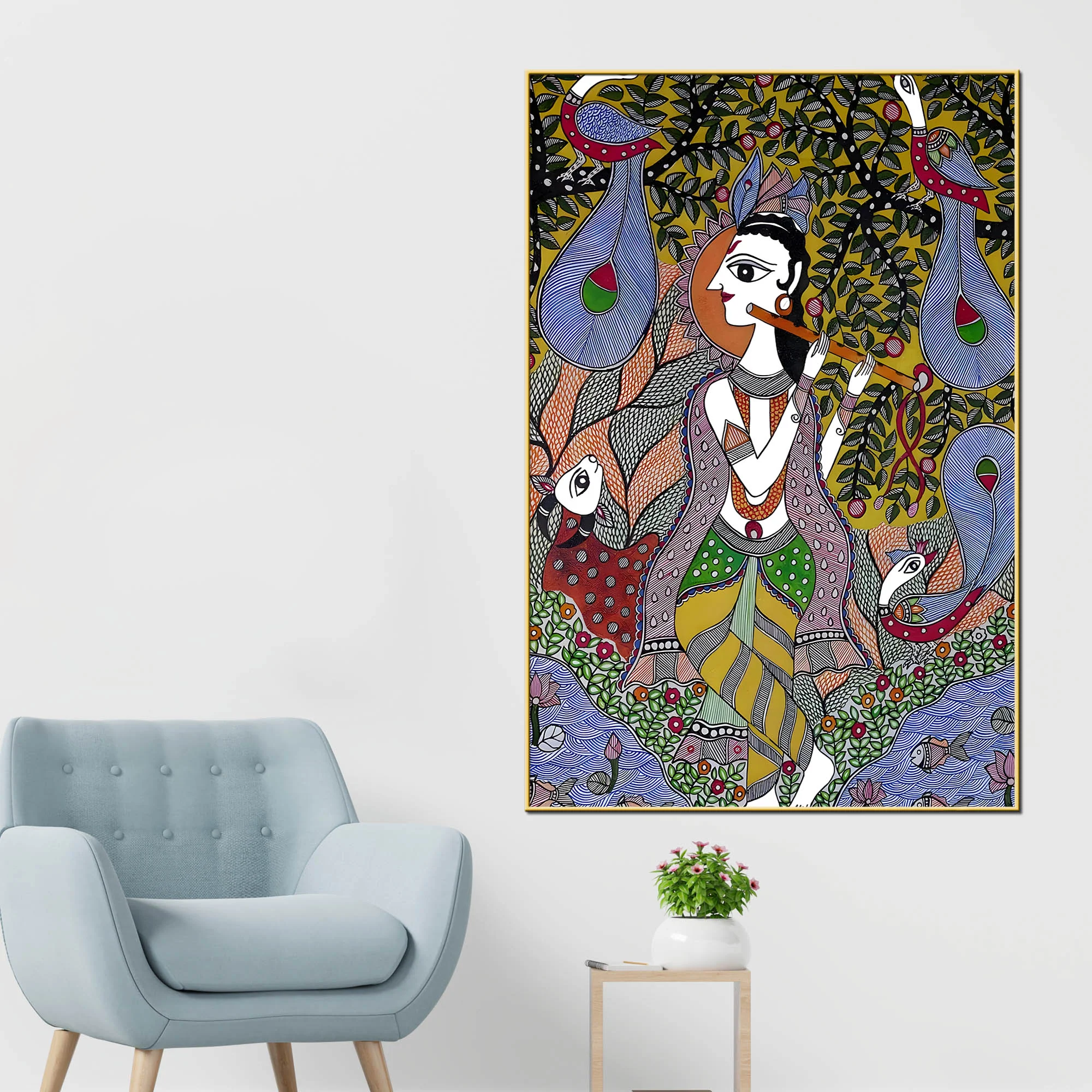 Lord Shri Krishna Playing Flute Under Tree Canvas Wall Painting - Image 2