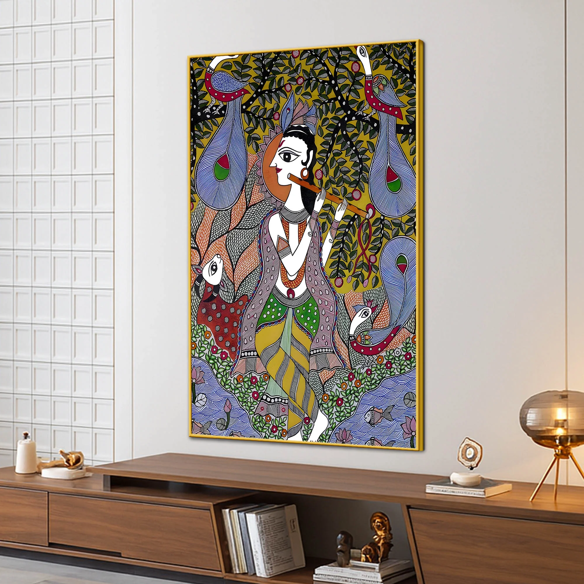 Lord Shri Krishna Playing Flute Under Tree Canvas Wall Painting - Image 3