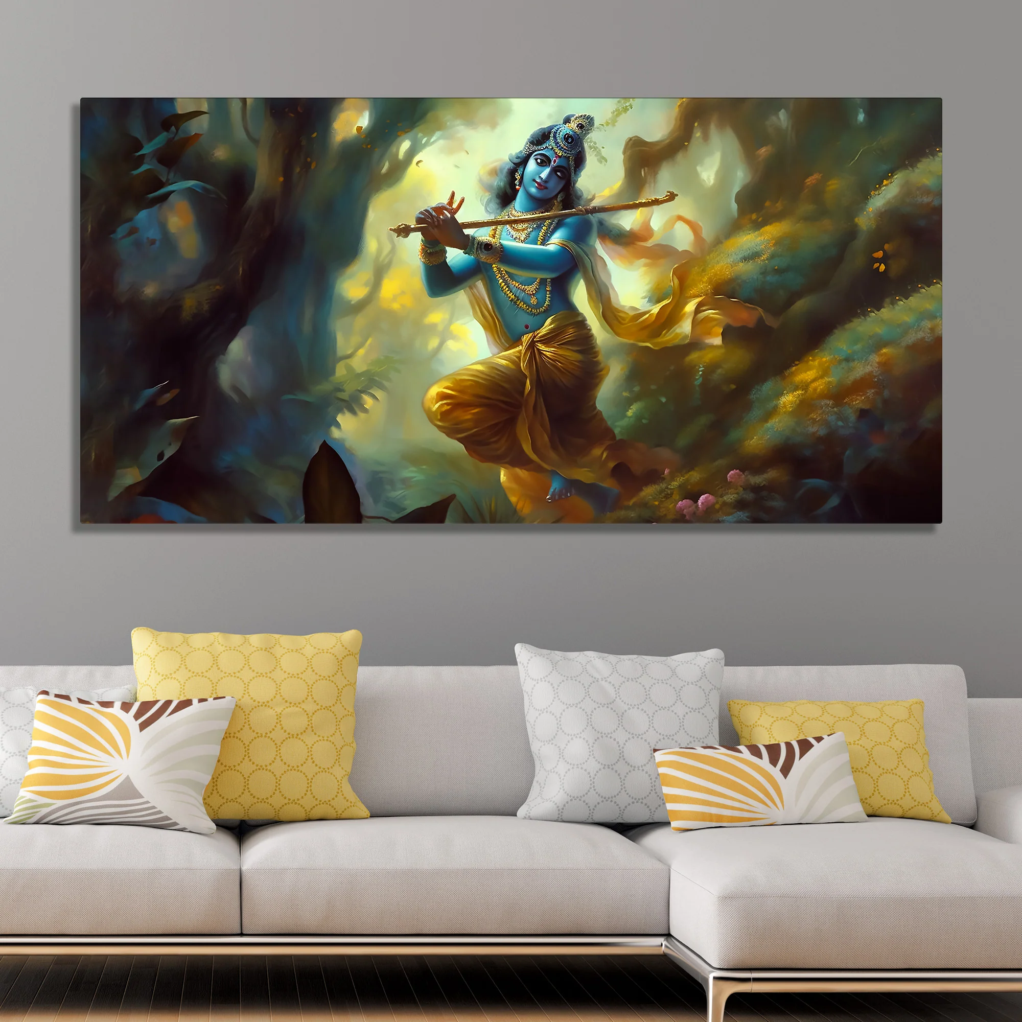 Lord Shri Krishna Playing with Flute Canvas Wall Painting - Image 3