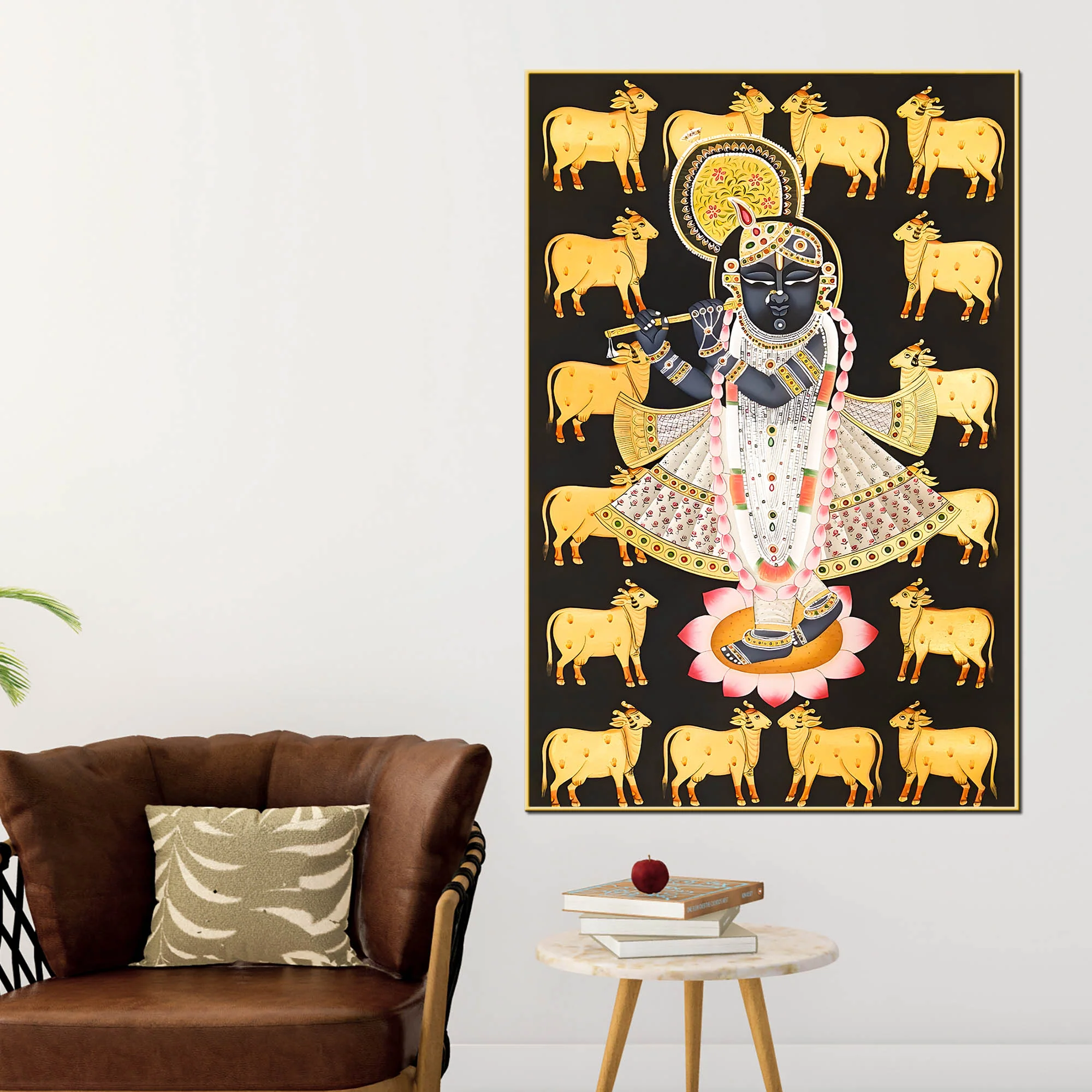 Lord Shri Krishna with Sacred Cows Devotional Folk Art Canvas Wall Painting