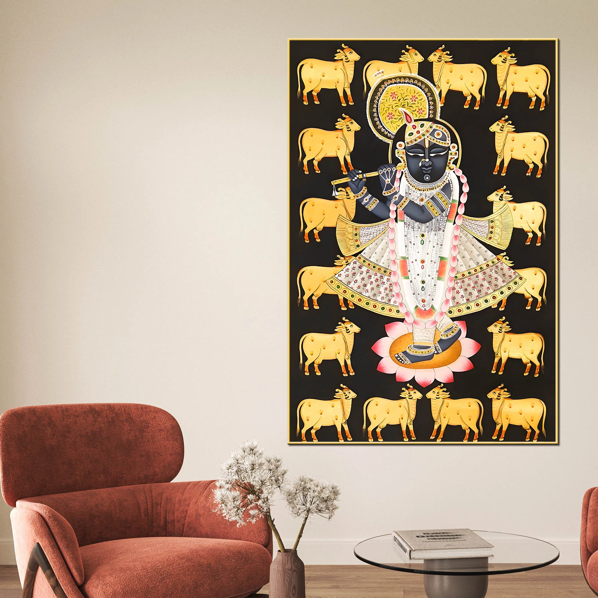 Lord Shri Krishna with Sacred Cows Devotional Folk Art Canvas Wall Painting - Image 2