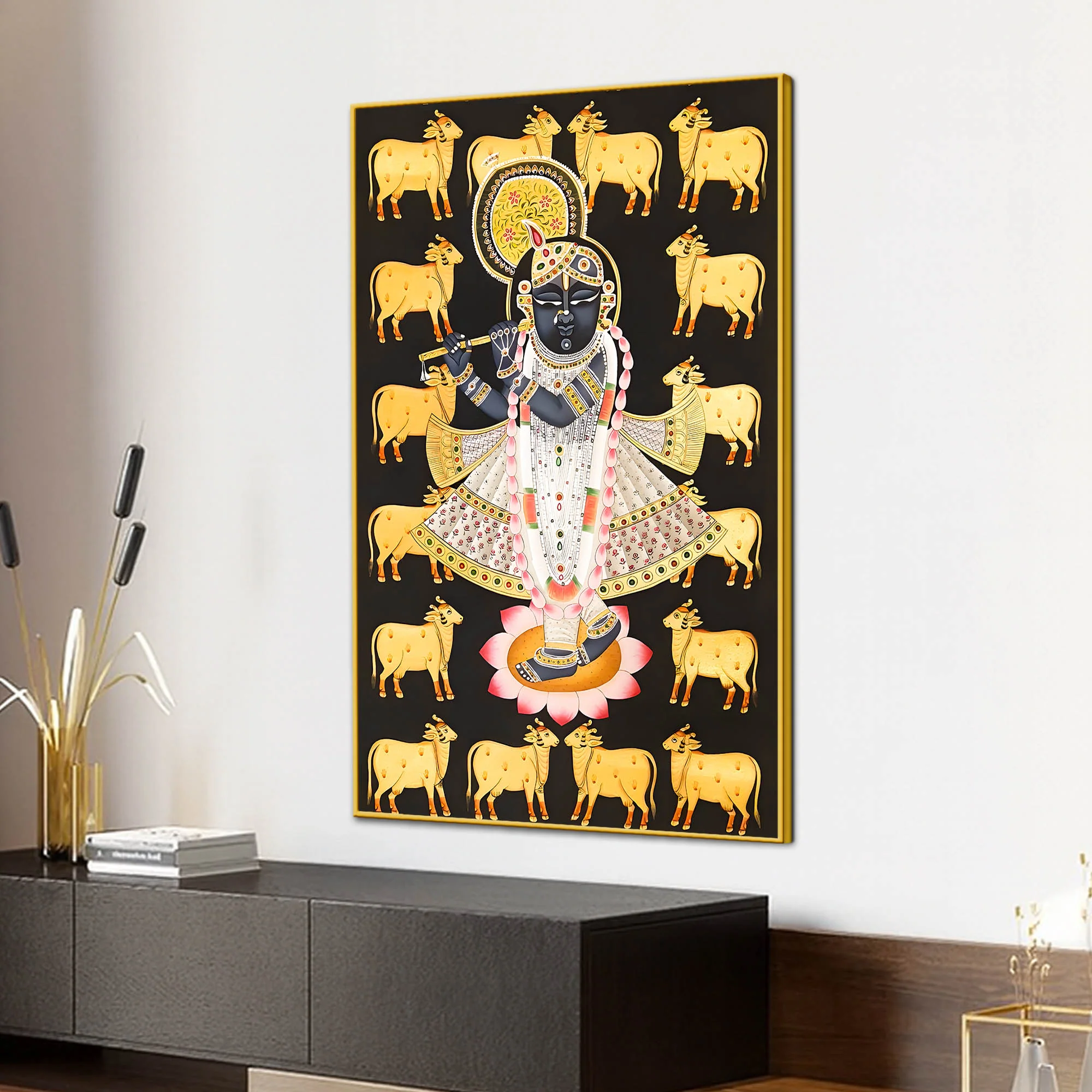 Lord Shri Krishna with Sacred Cows Devotional Folk Art Canvas Wall Painting - Image 3