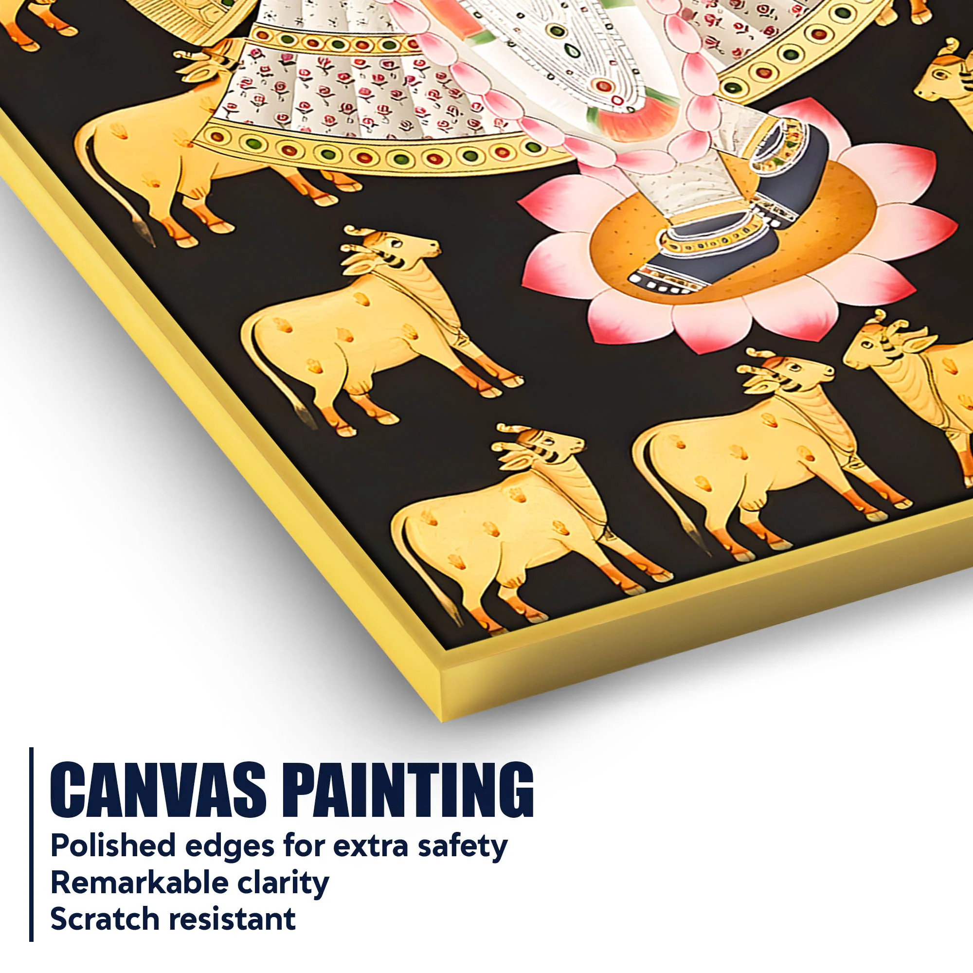 Lord Shri Krishna with Sacred Cows Devotional Folk Art Canvas Wall Painting - Image 4