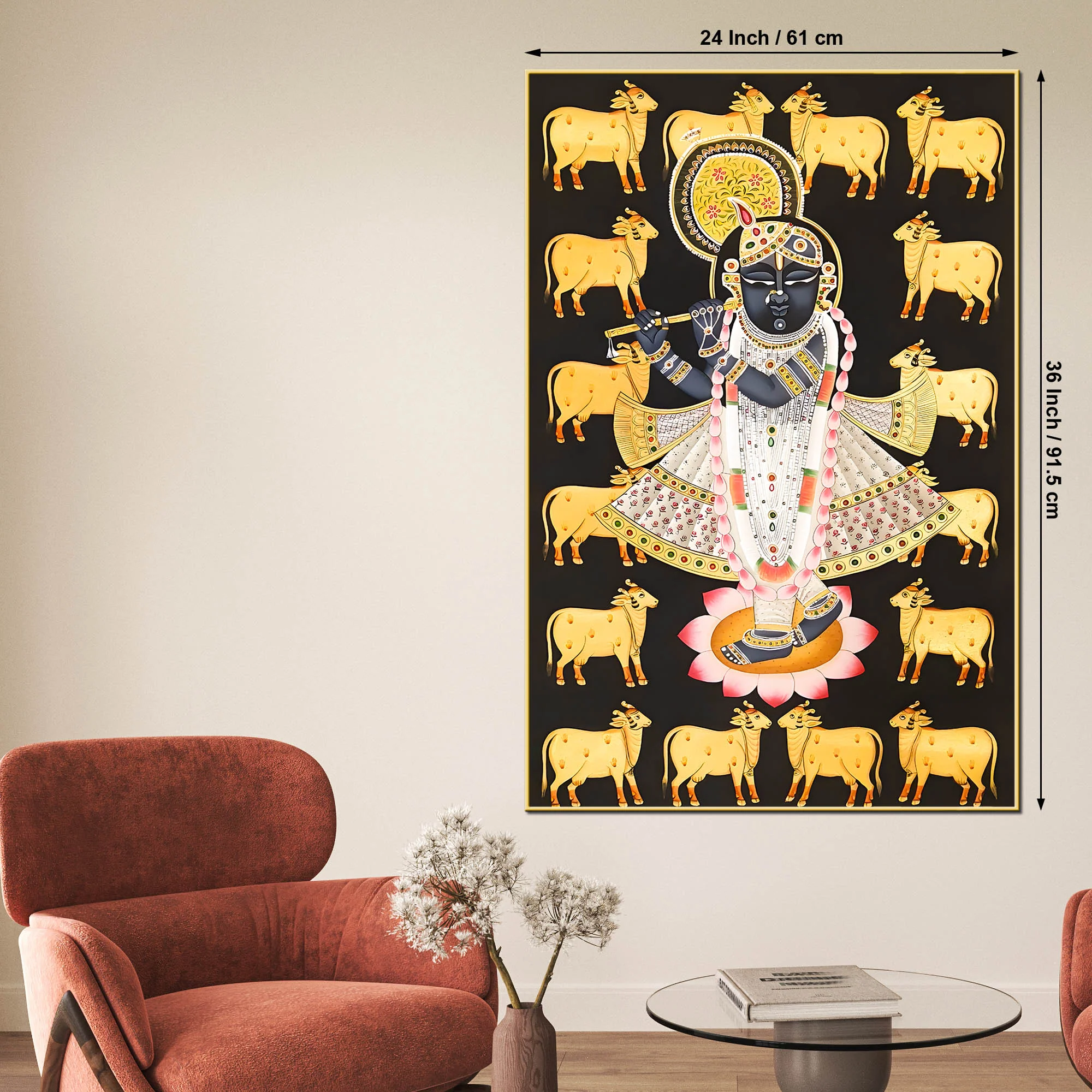Lord Shri Krishna with Sacred Cows Devotional Folk Art Canvas Wall Painting - Image 5