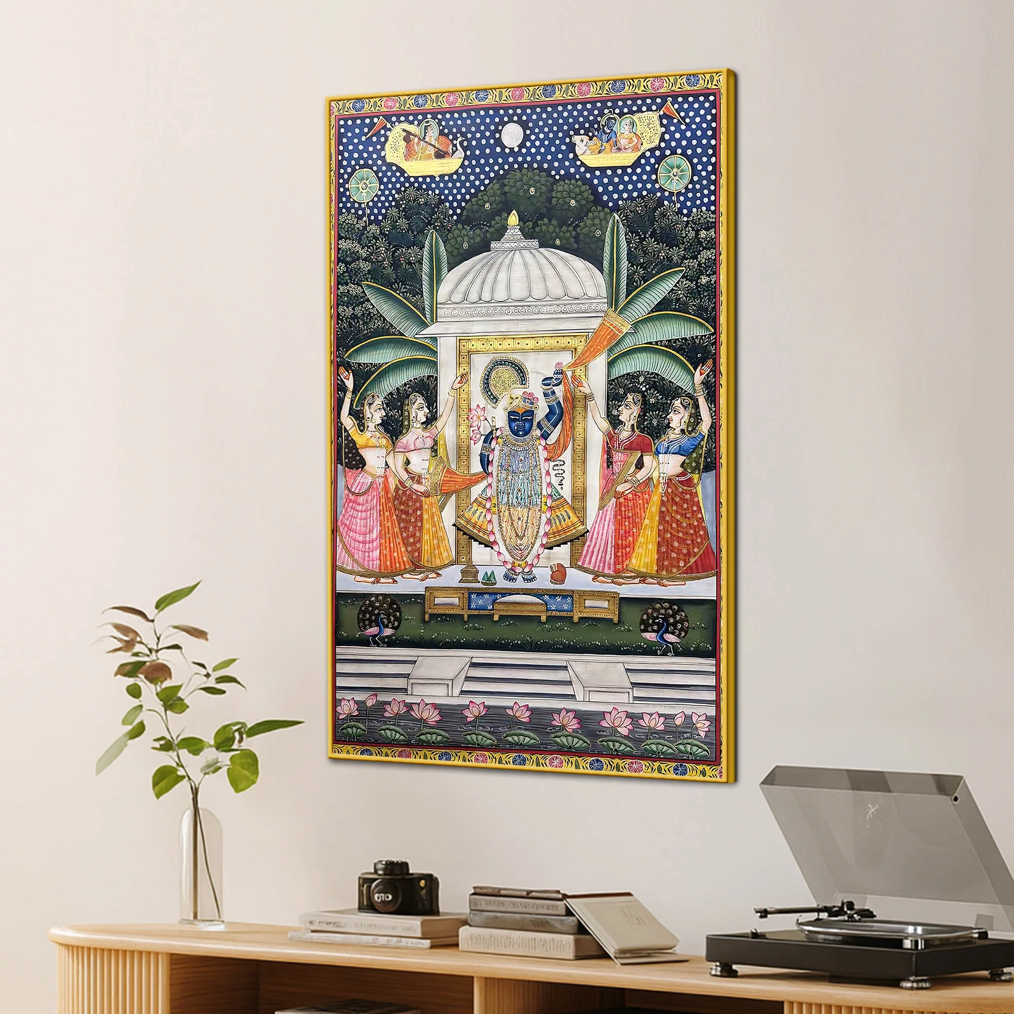 Lord Shrinathji Nathdwara Pushtimarg Krishna Temple Scene Pichwai Canvas Wall Painting - Image 3
