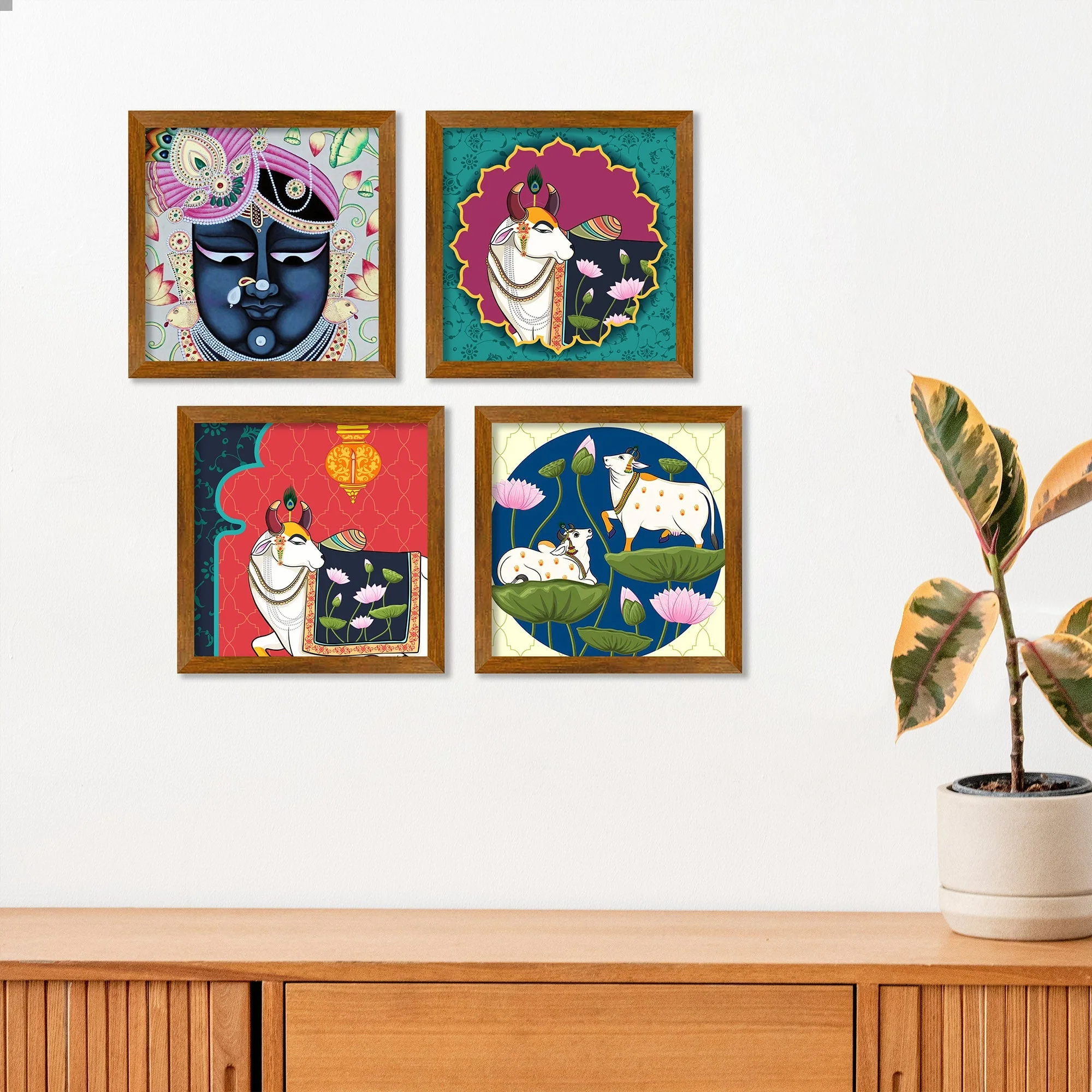 Lord Shrinathji Pichwai Cow Wooden Wall Frame Set of Four - Image 2