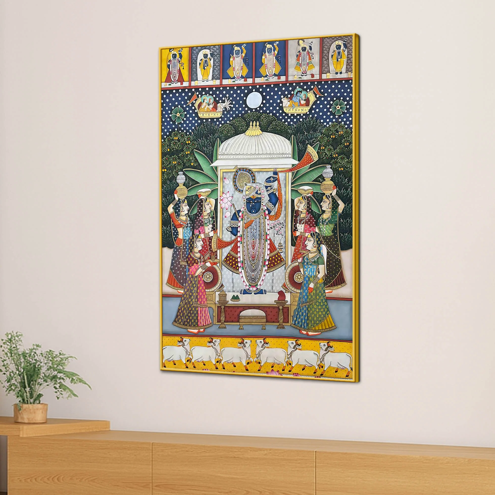 Lord Shrinathji Pushtimarg Krishna Temple Scene Pichwai Style Canvas Wall Painting - Image 3