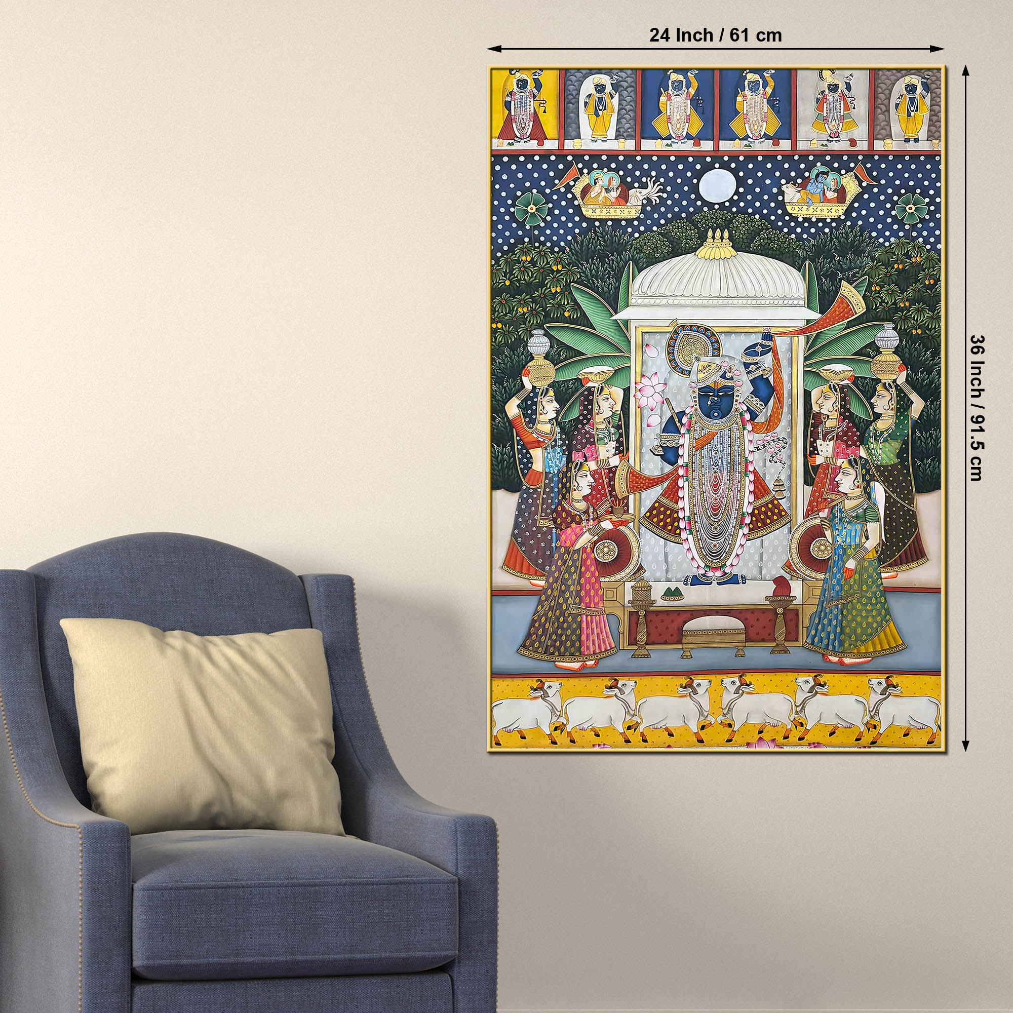 Lord Shrinathji Pushtimarg Krishna Temple Scene Pichwai Style Canvas Wall Painting - Image 5
