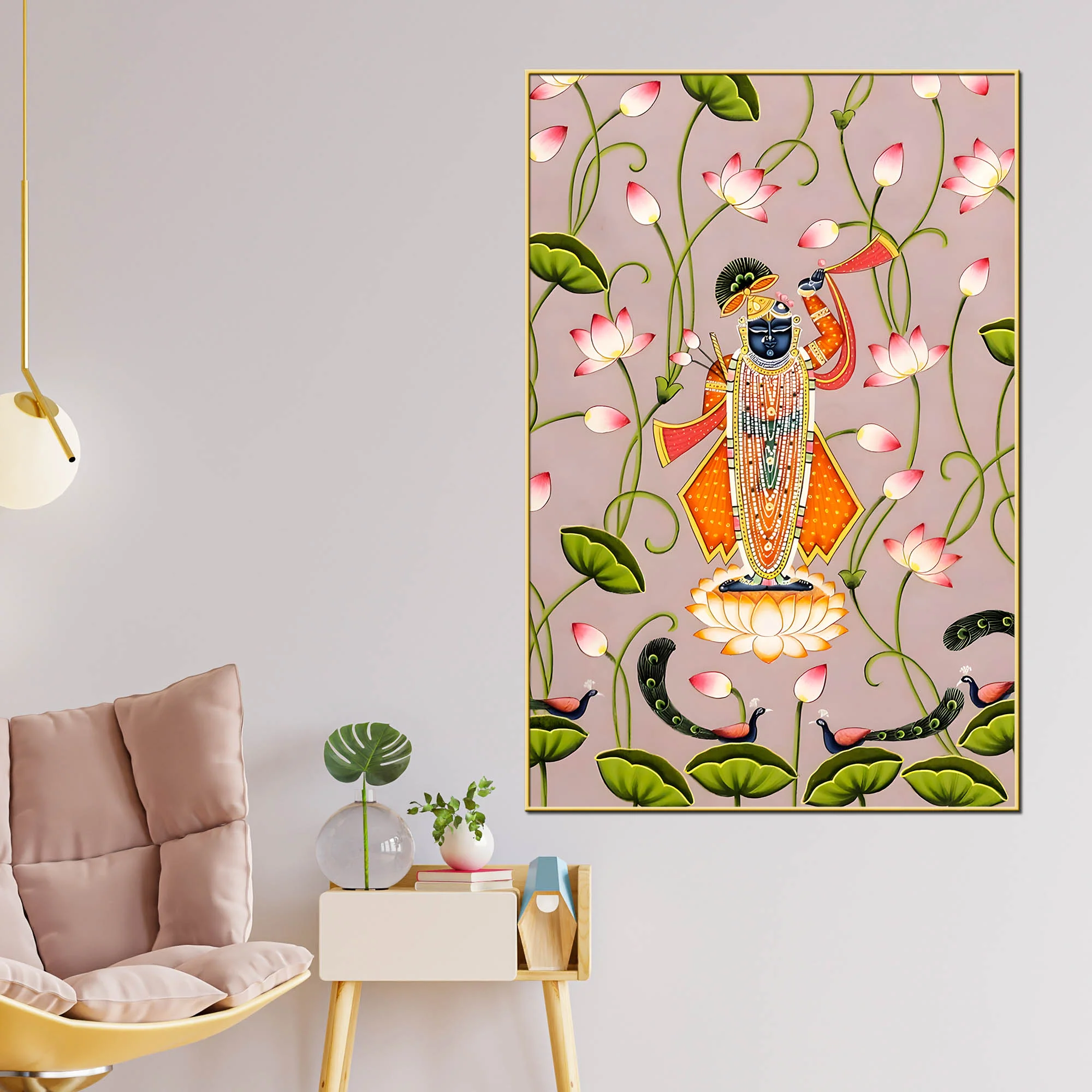 Lord Shrinathji Standing on Lotus in Peaceful Garden Devotional Canvas Wall Painting - Image 2