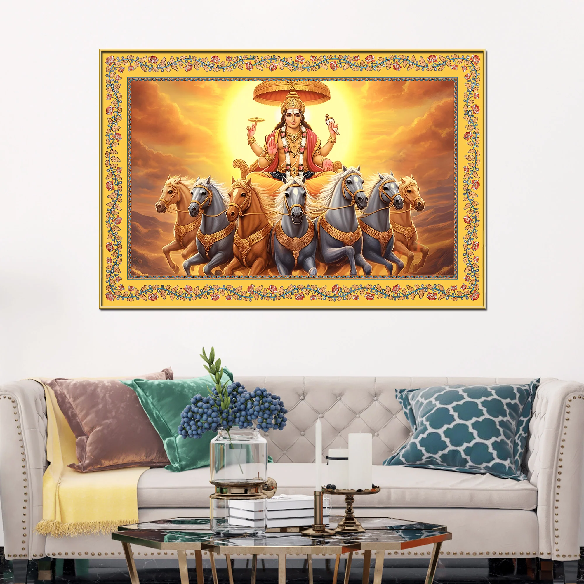Lord Surya with Horses Floral Border Canvas Wall Painting