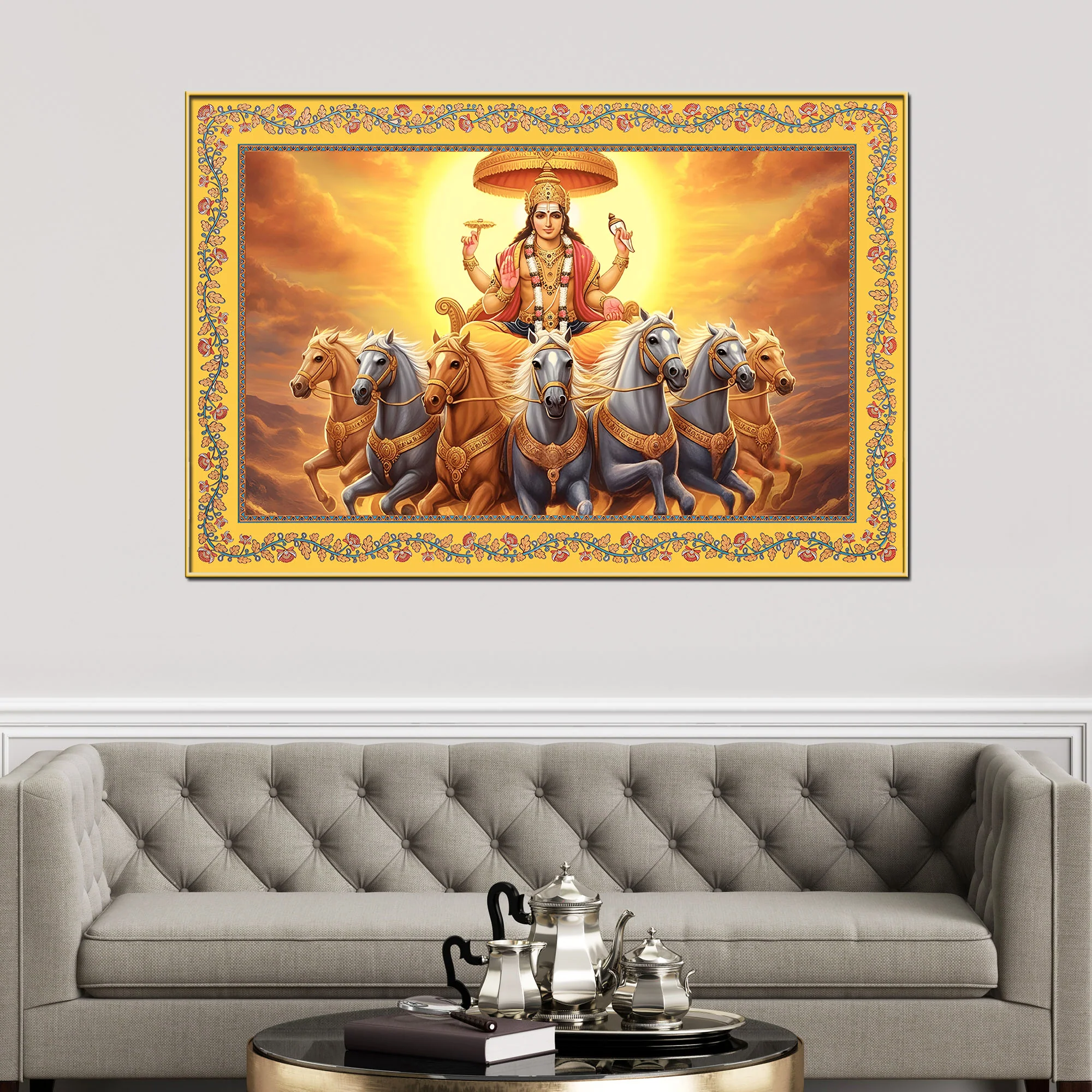 Lord Surya with Horses Floral Border Canvas Wall Painting - Image 2