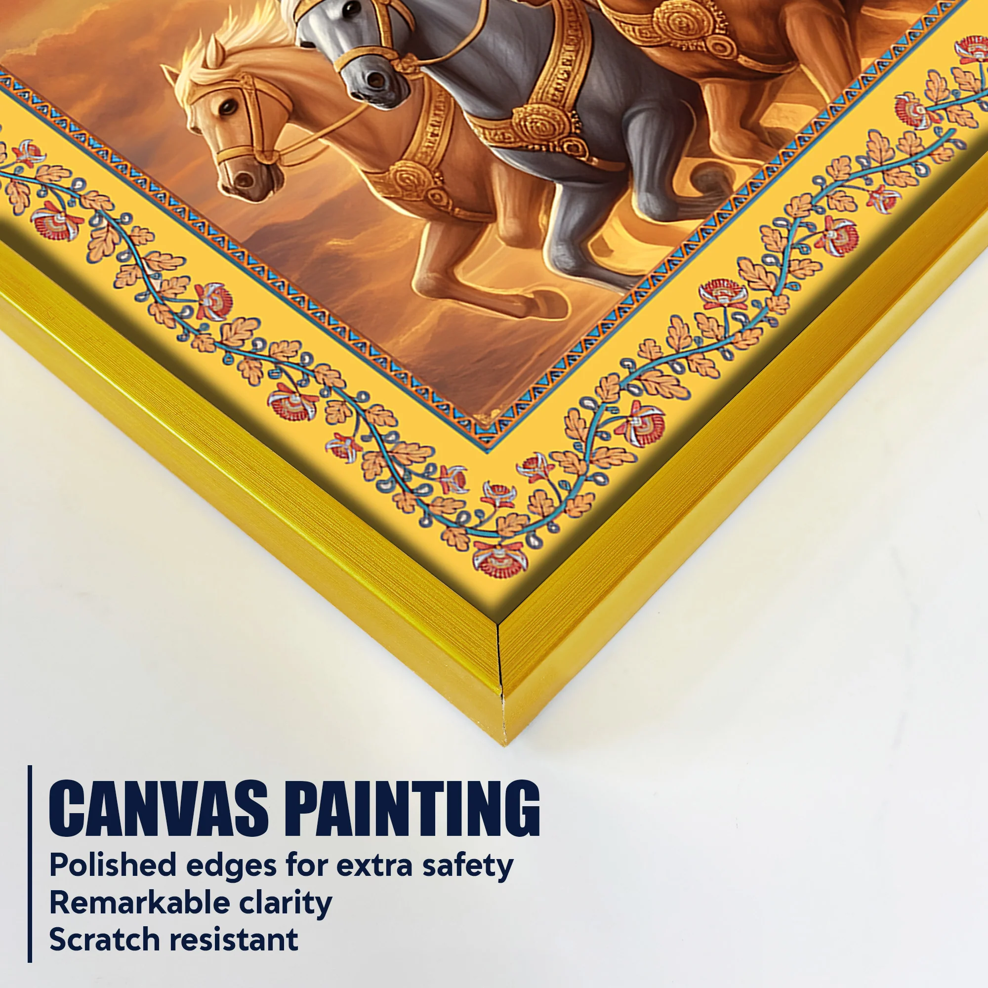 Lord Surya with Horses Floral Border Canvas Wall Painting - Image 5