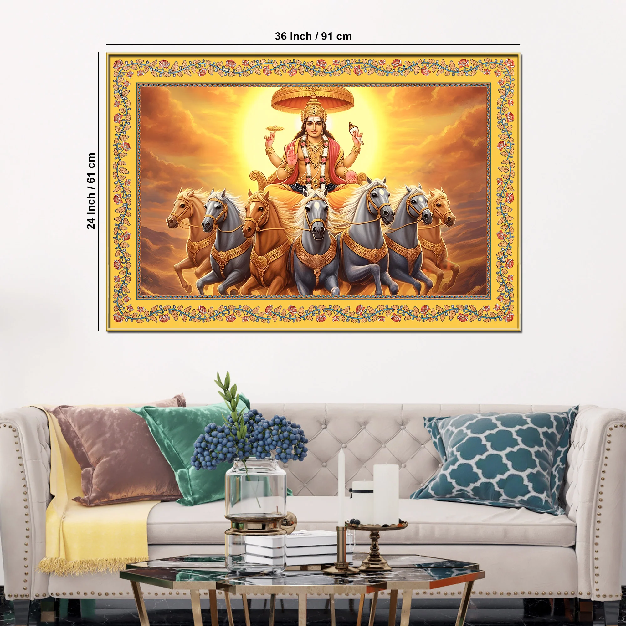 Lord Surya with Horses Floral Border Canvas Wall Painting - Image 6