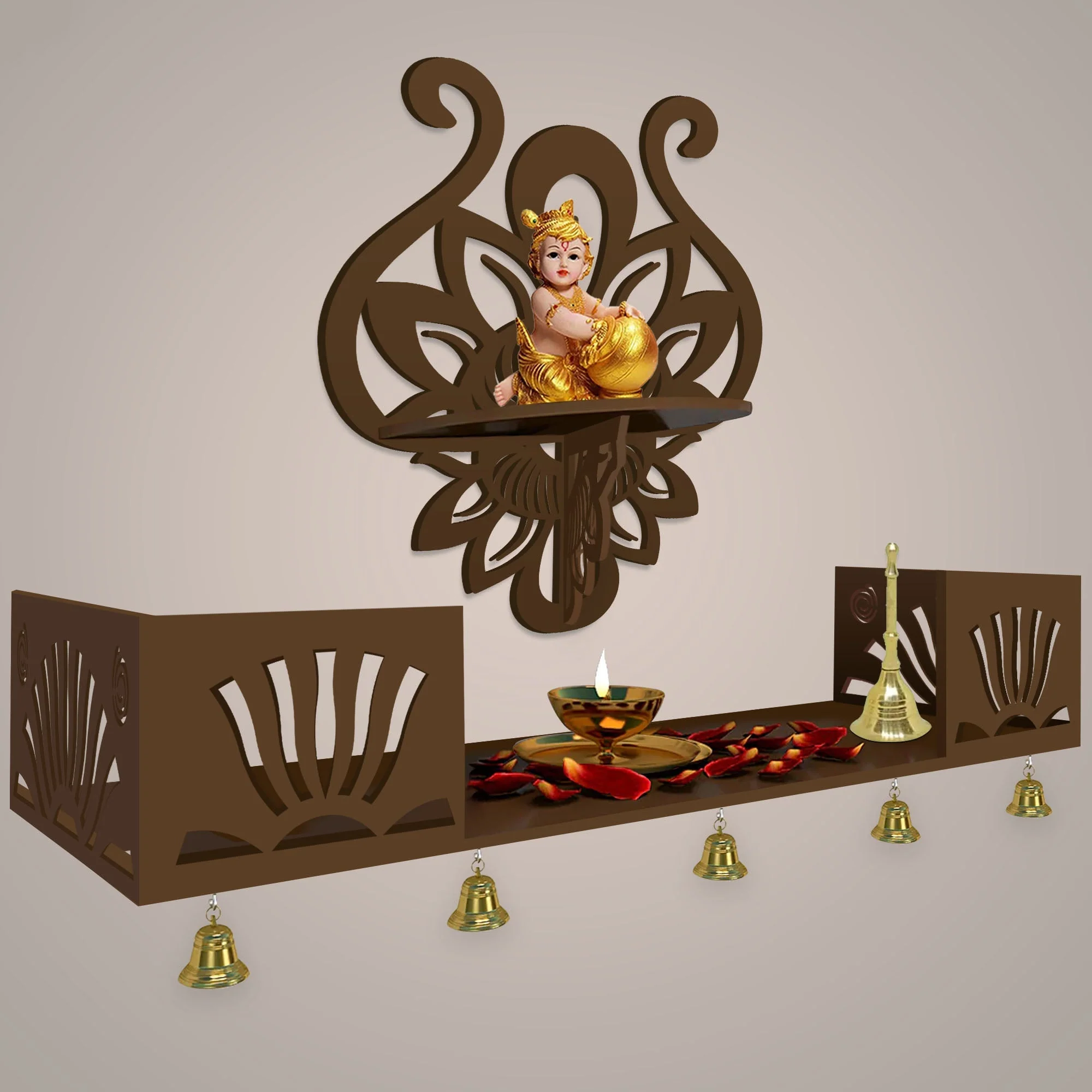 Lotus Pattern Wall Hanging Wooden Temple/ Pooja Mandir Design with Shelf, Brown Color - Image 2