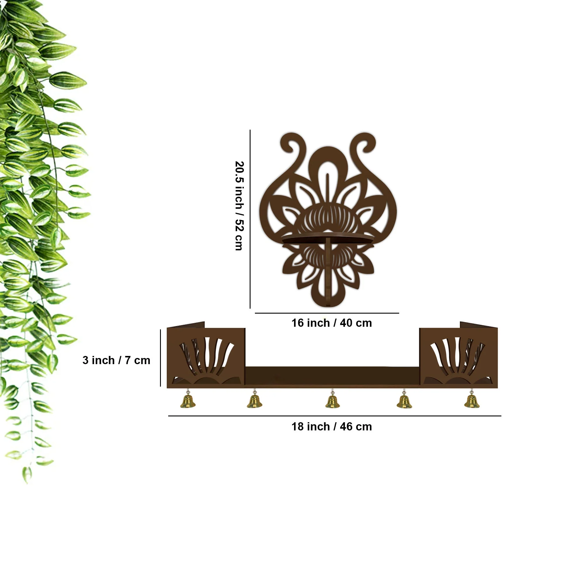 Lotus Pattern Wall Hanging Wooden Temple/ Pooja Mandir Design with Shelf, Brown Color - Image 3