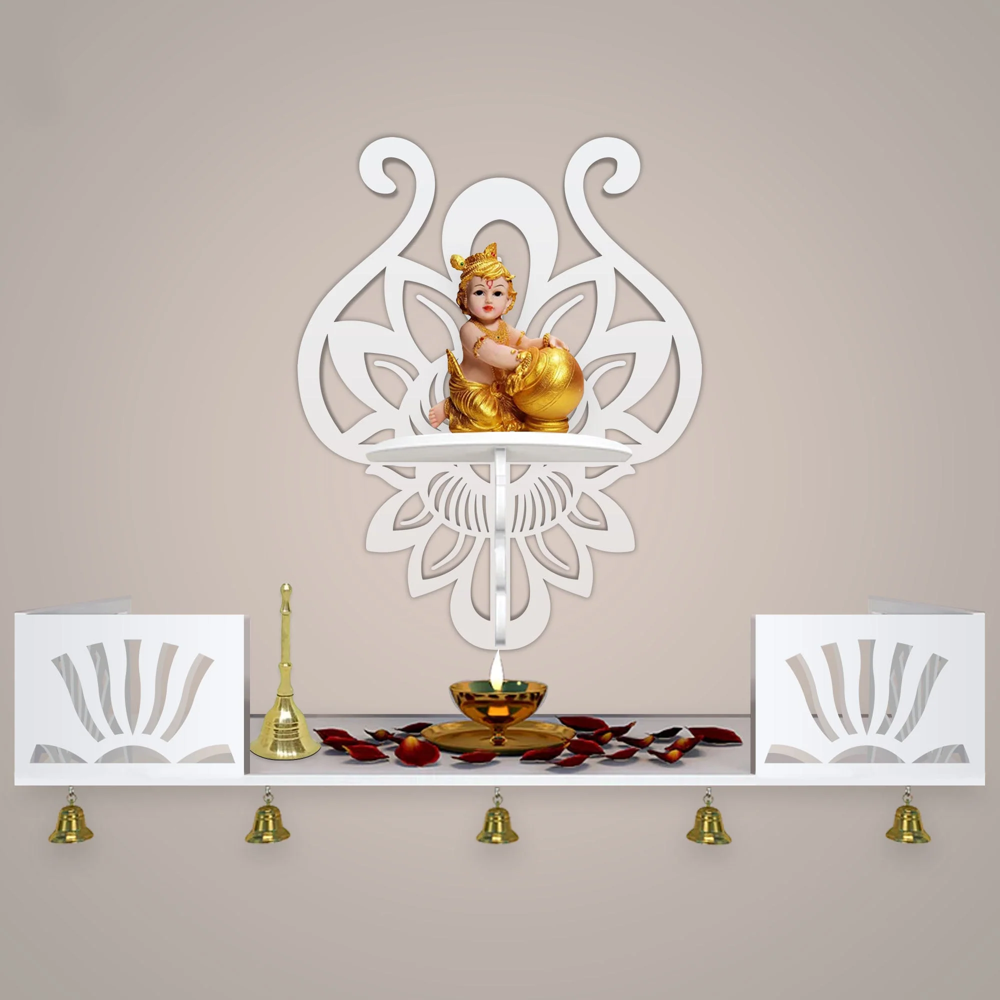 Lotus Pattern Wall Hanging Wooden Temple/ Pooja Mandir Design with Shelf, White Color