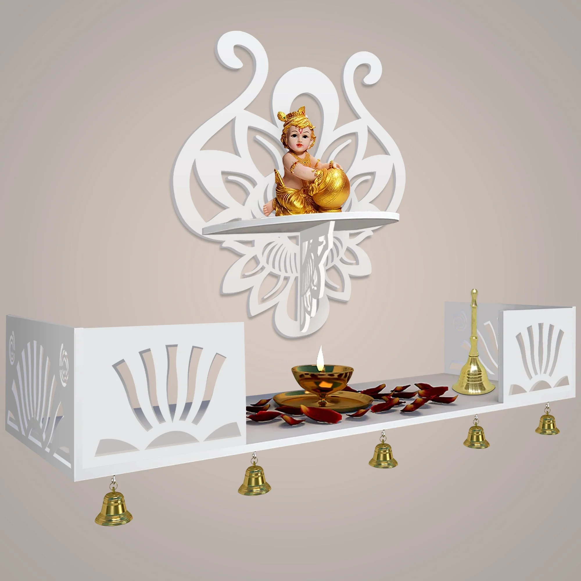Lotus Pattern Wall Hanging Wooden Temple/ Pooja Mandir Design with Shelf, White Color - Image 2