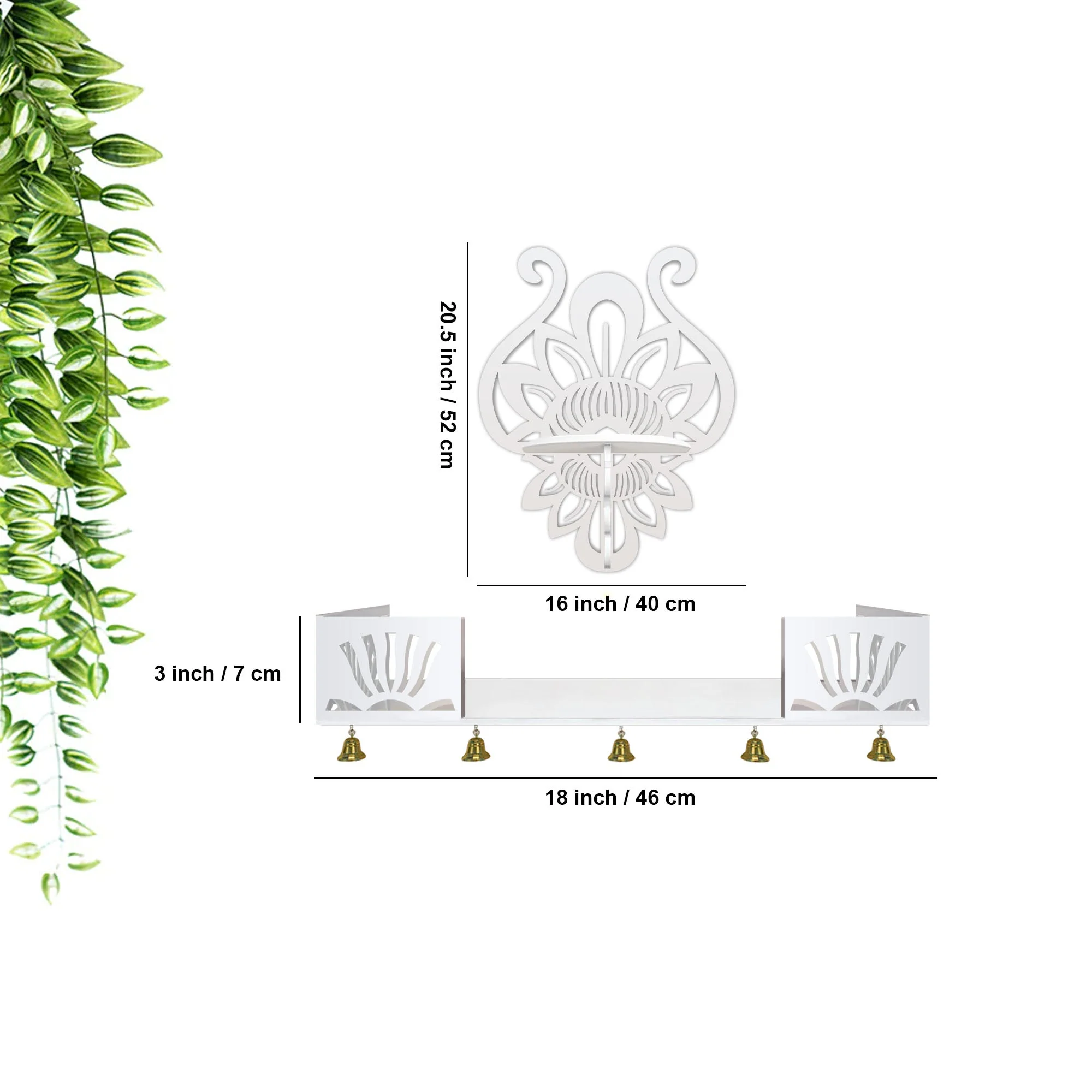Lotus Pattern Wall Hanging Wooden Temple/ Pooja Mandir Design with Shelf, White Color - Image 3