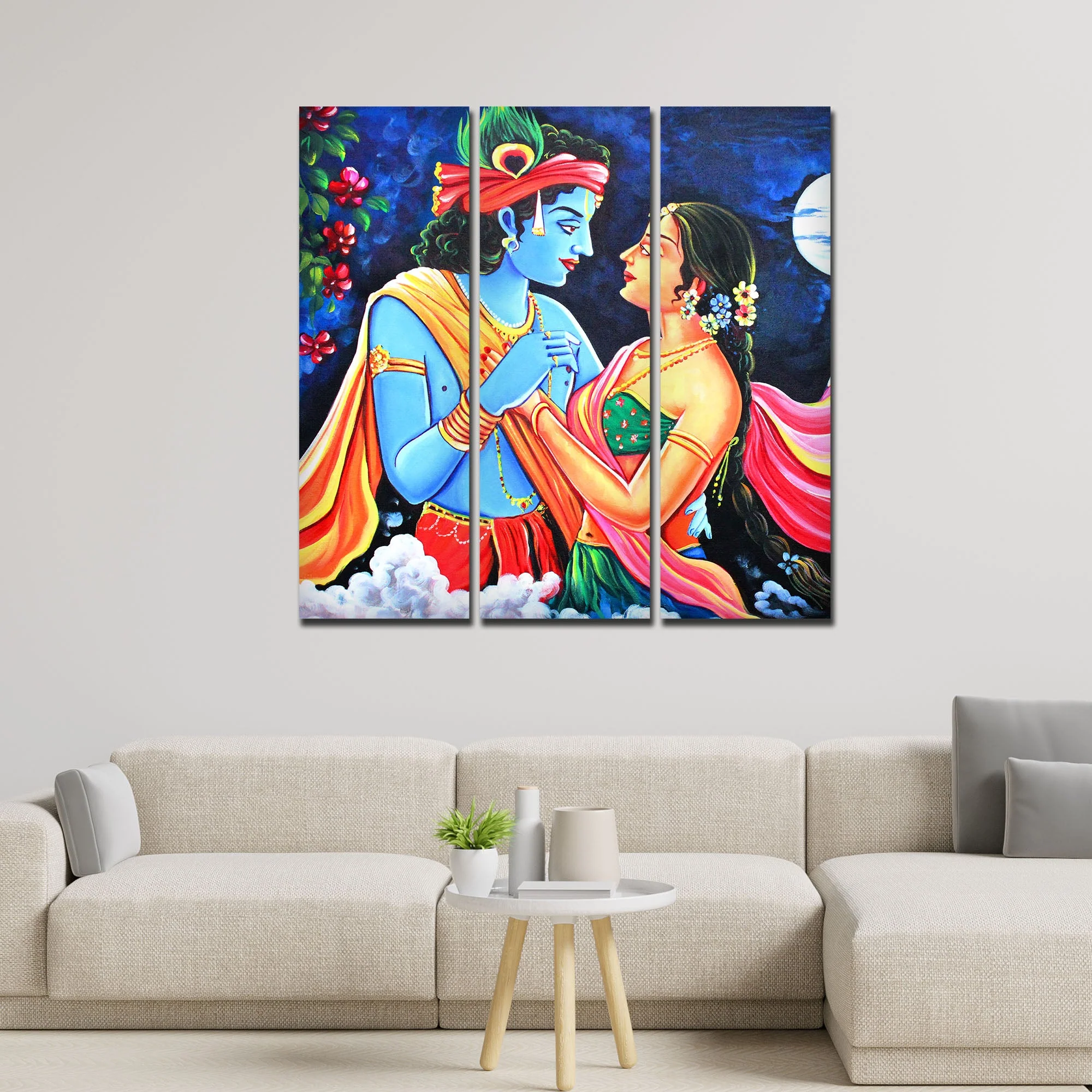 Love of Lord Radha Krishna Canvas Wall Painting Set of 3 Panel - Image 2