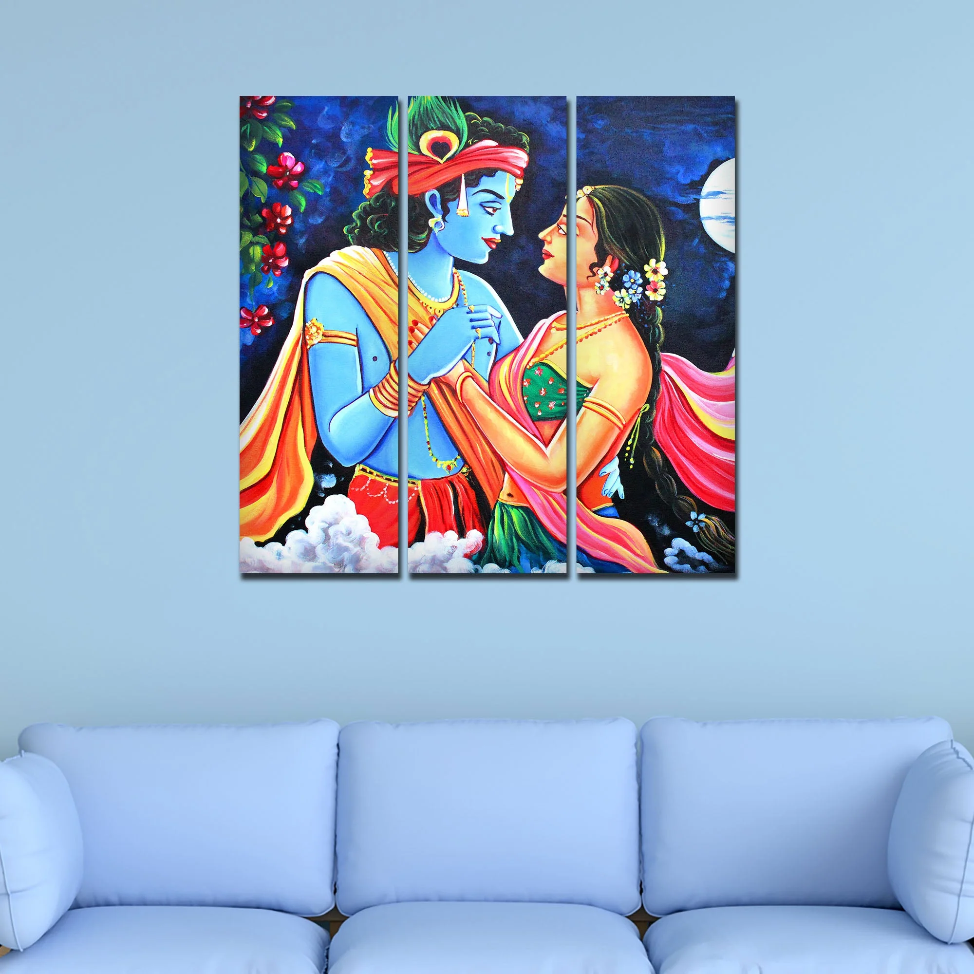 Love of Lord Radha Krishna Canvas Wall Painting Set of 3 Panel - Image 3