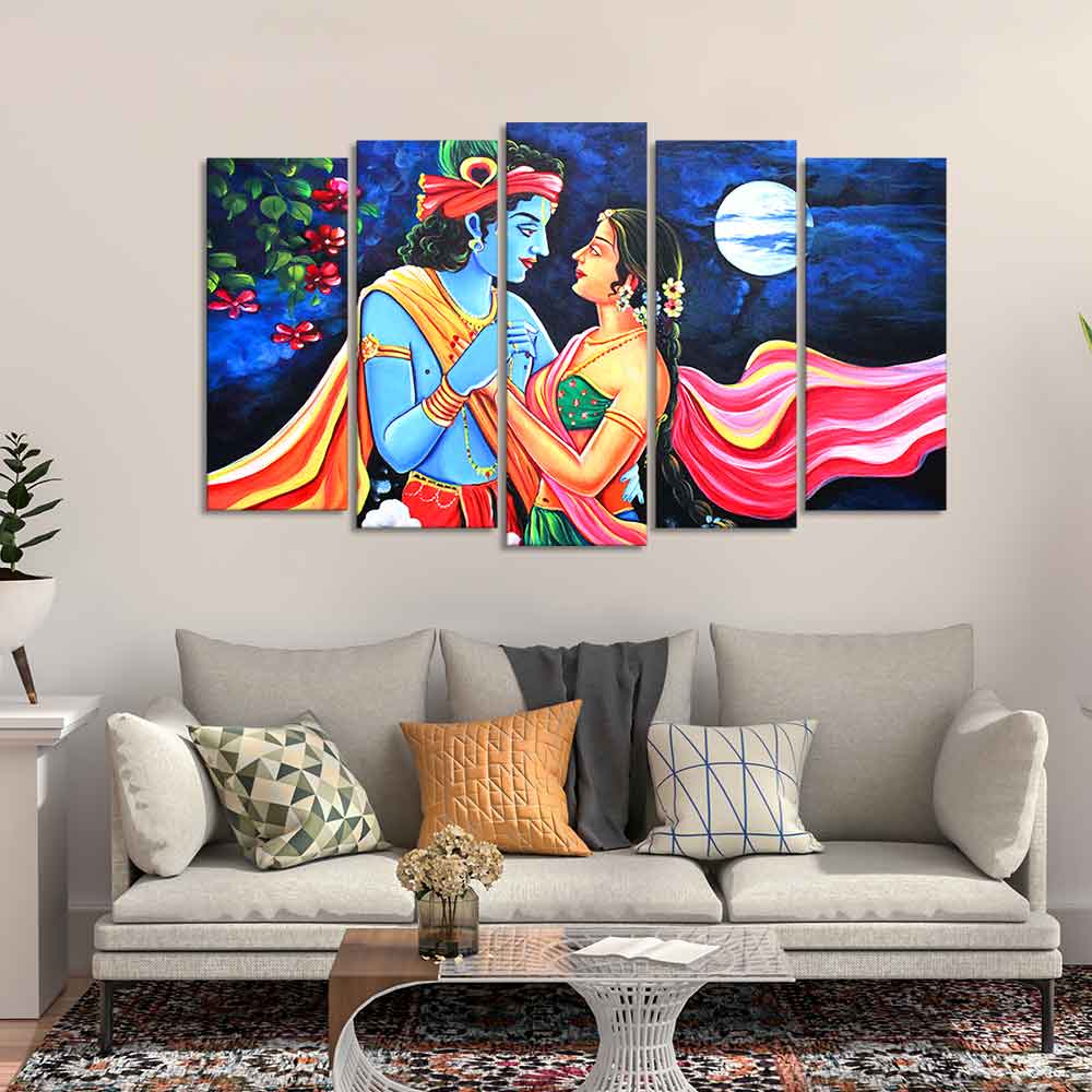 Love of Lord Radha Krishna Canvas Wall Painting Set of Five - Image 3