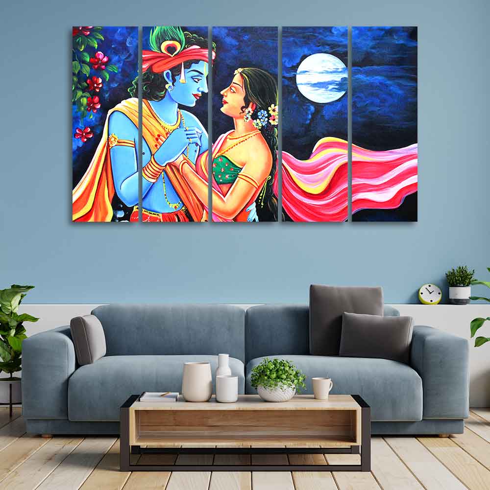 Love of Lord Radha Krishna Canvas Wall Painting Set of Five Panel - Image 2