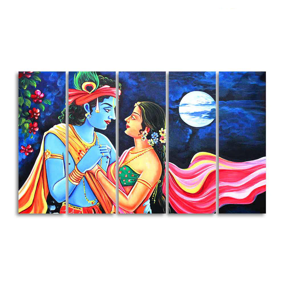 Love of Lord Radha Krishna Canvas Wall Painting Set of Five Panel - Image 4
