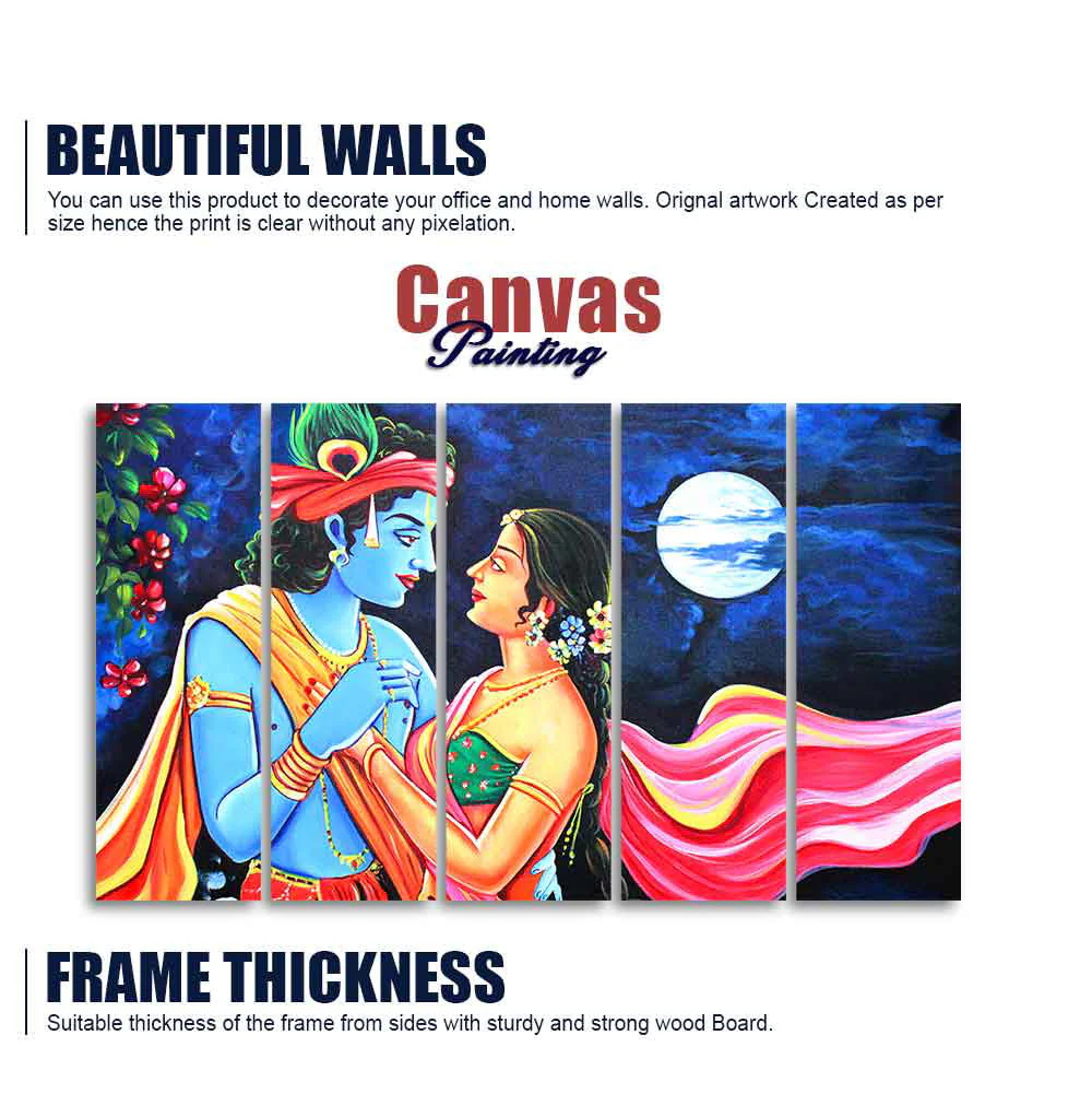 Love of Lord Radha Krishna Canvas Wall Painting Set of Five Panel - Image 5