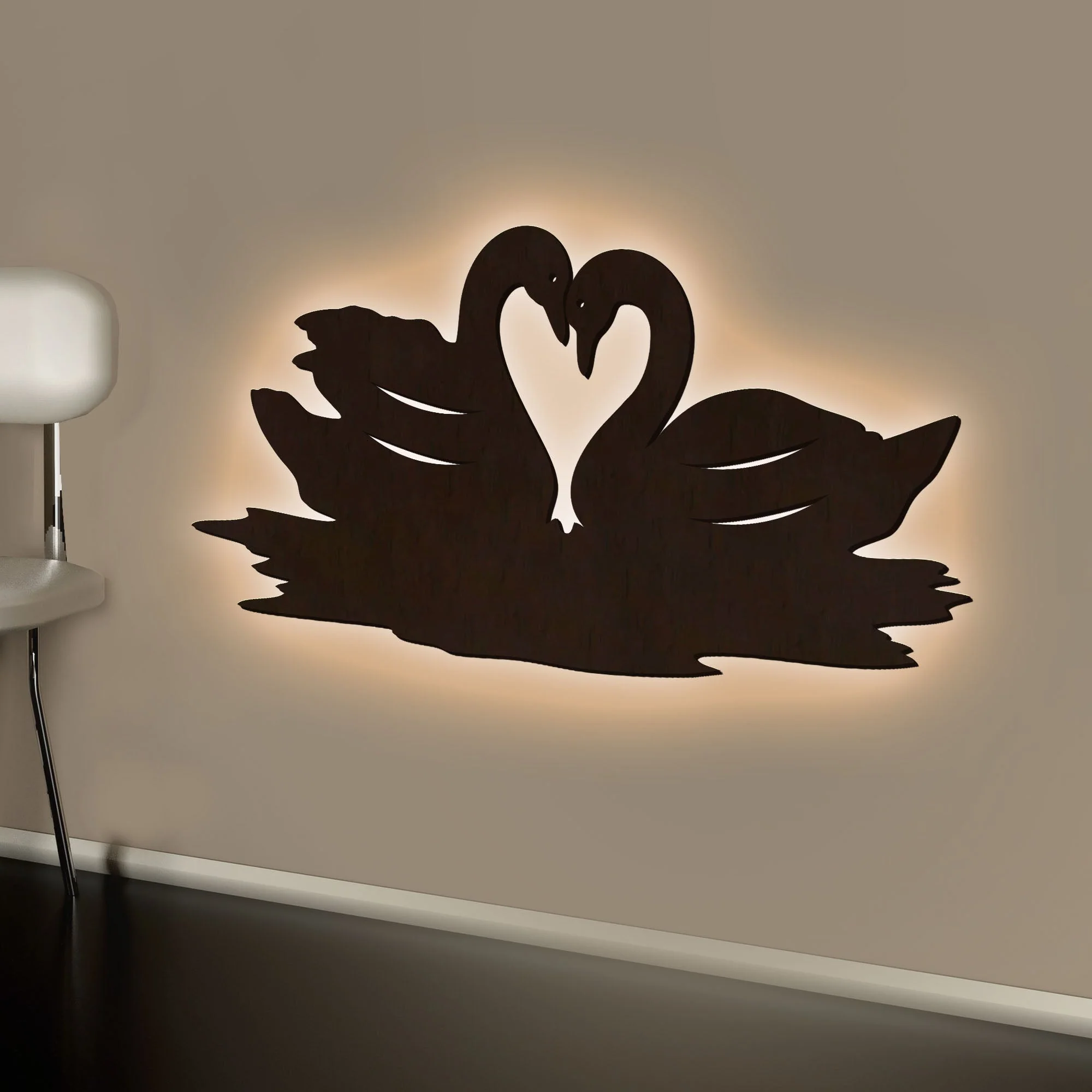 Loving Pair of Swan Backlit Wooden Wall Decor with LED Night Light Walnut Finish - Image 2
