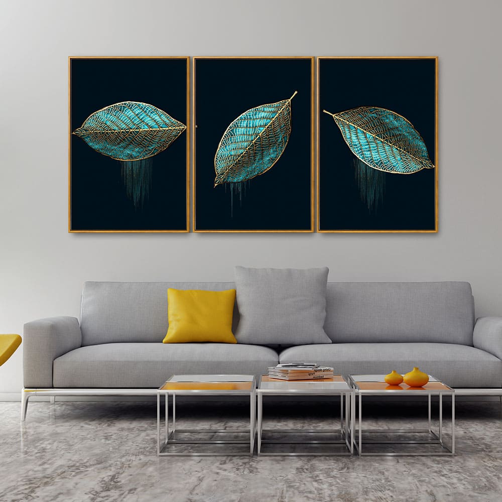Luxurious Abstract Art of Modern Green Leaves Floating Canvas Wall Painting Set of Three - Image 3