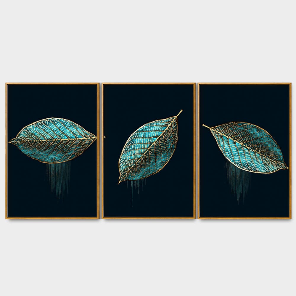 Luxurious Abstract Art of Modern Green Leaves Floating Canvas Wall Painting Set of Three - Image 4