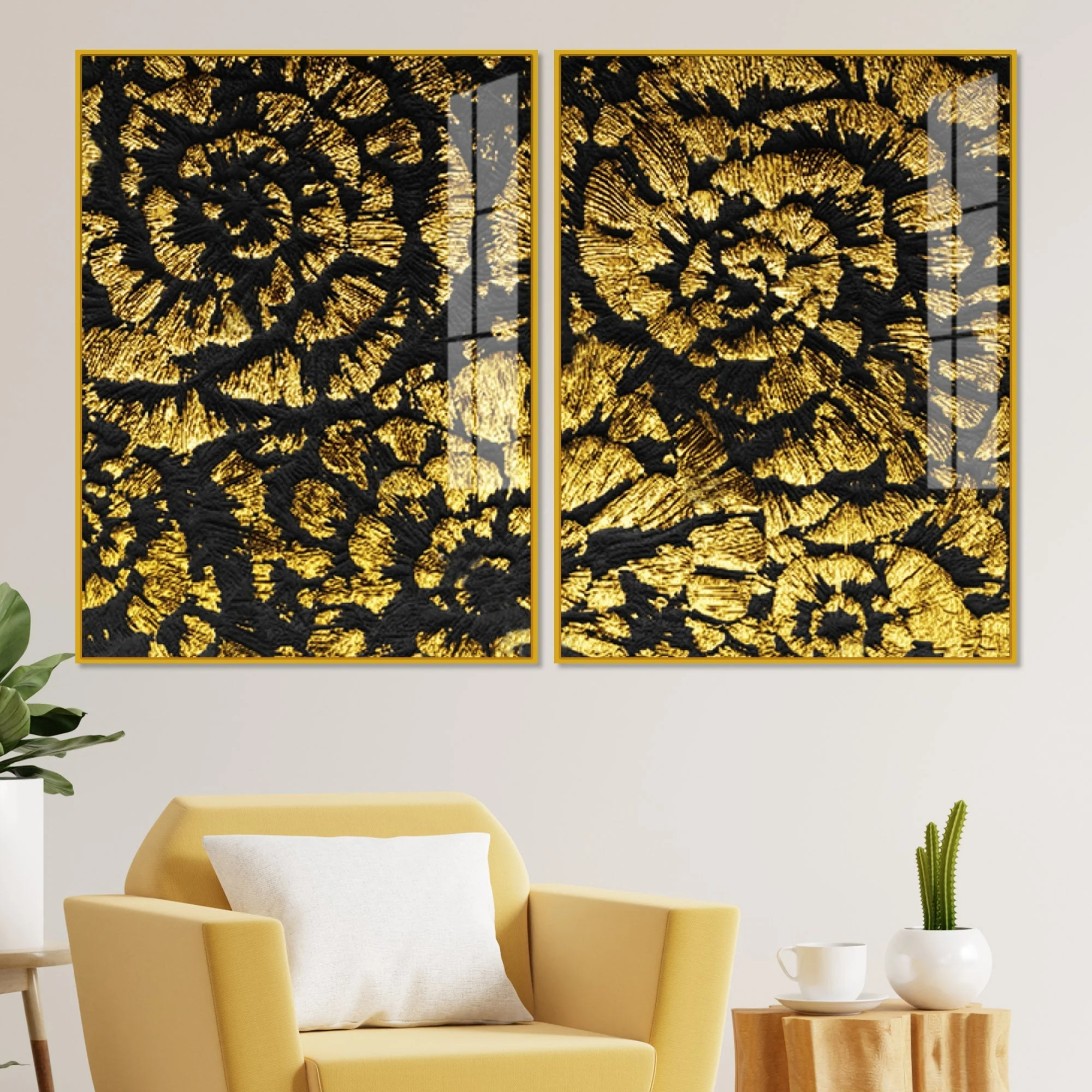 Luxurious Abstract Golden Textural Art Acrylic Floating Wall Painting Set Of 2