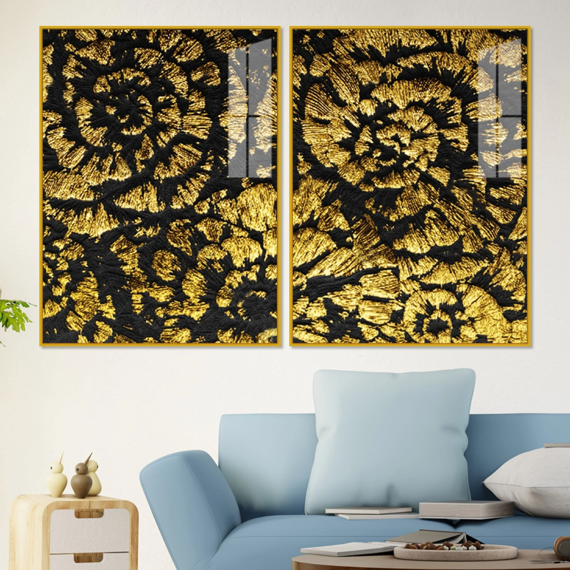 Luxurious Abstract Golden Textural Art Acrylic Floating Wall Painting Set Of 2 - Image 2