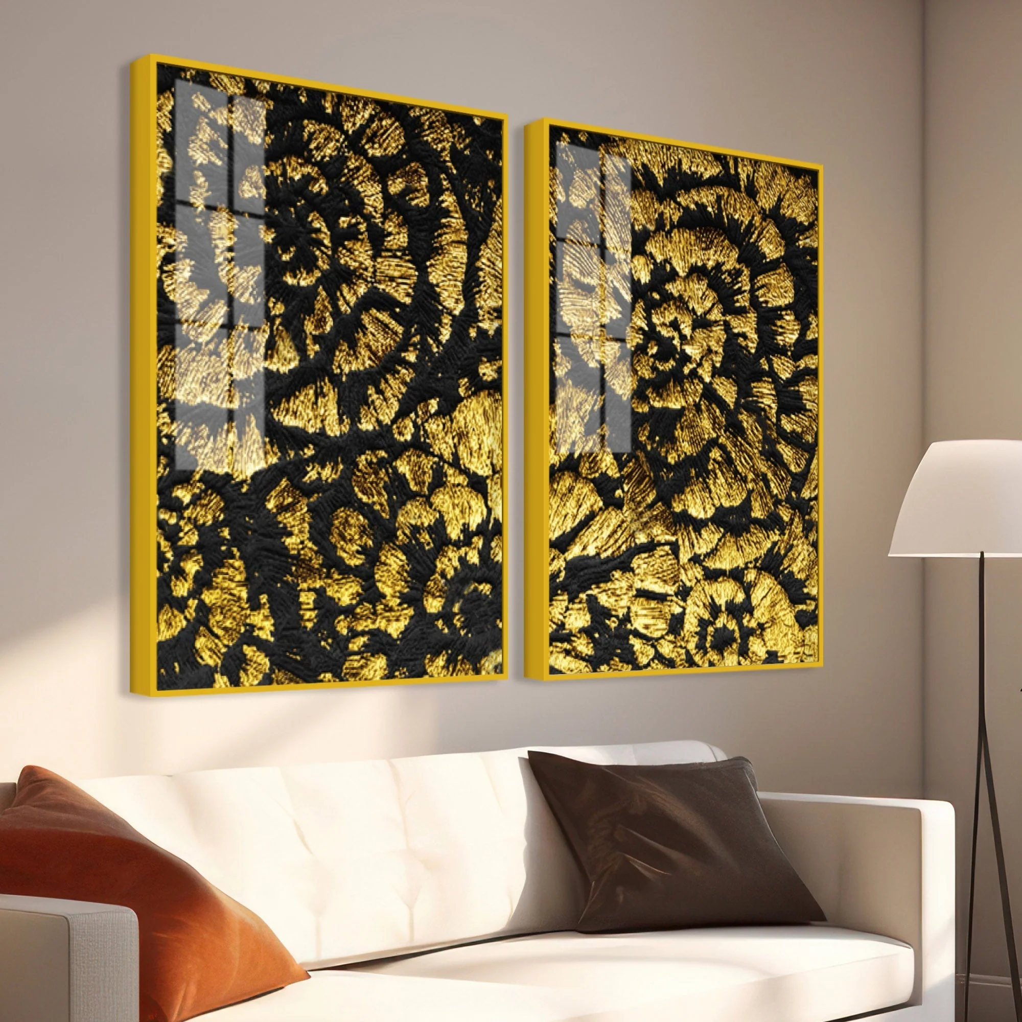 Luxurious Abstract Golden Textural Art Acrylic Floating Wall Painting Set Of 2 - Image 3