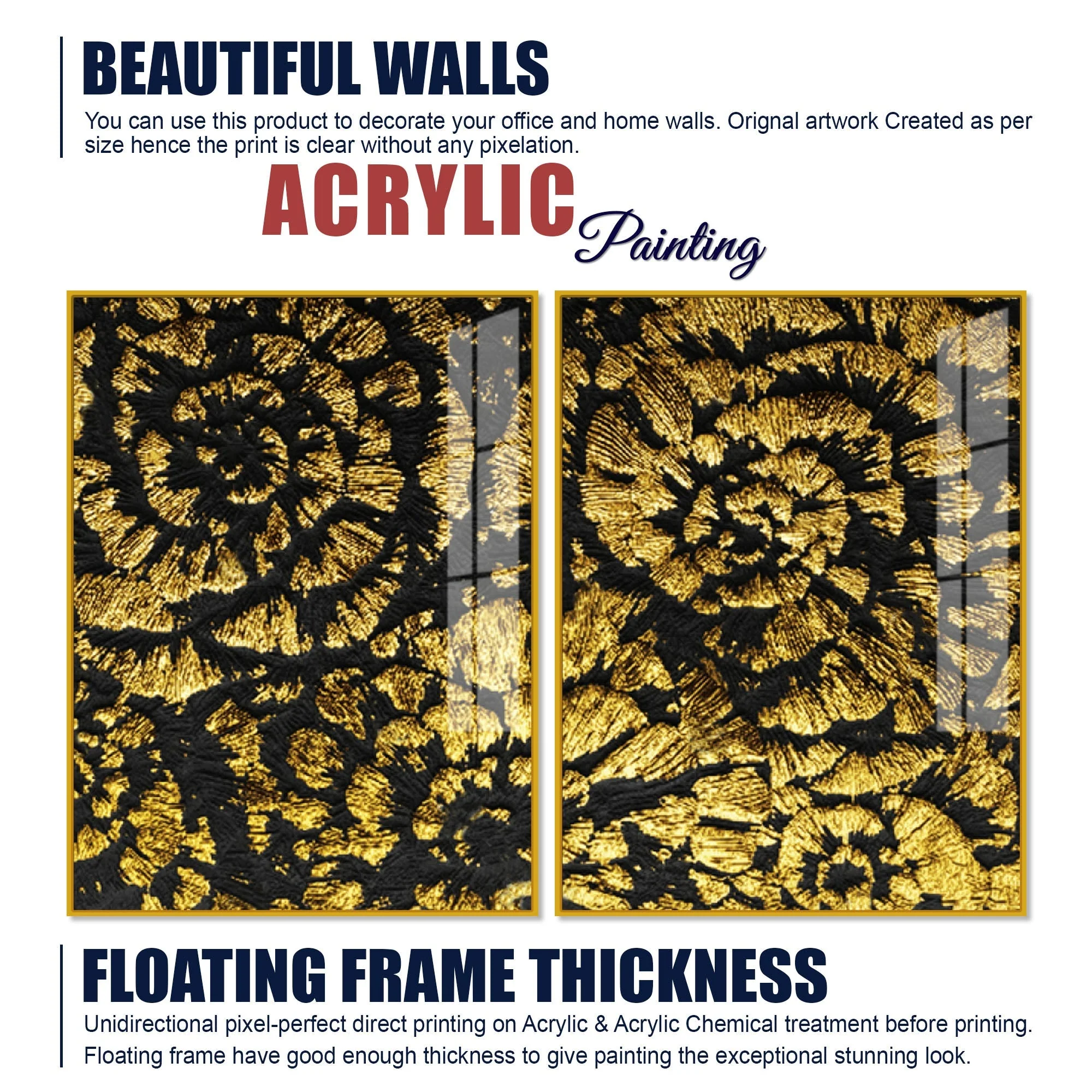 Luxurious Abstract Golden Textural Art Acrylic Floating Wall Painting Set Of 2 - Image 6