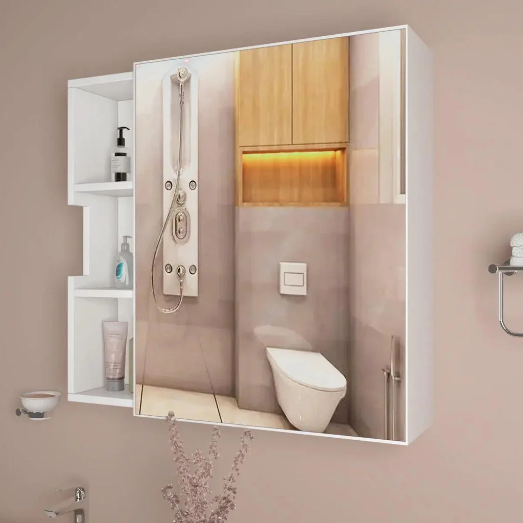 Luxurious Classic Wooden Bathroom Cabinet Mirror with 3 Open Shelves with White Finish - Image 2