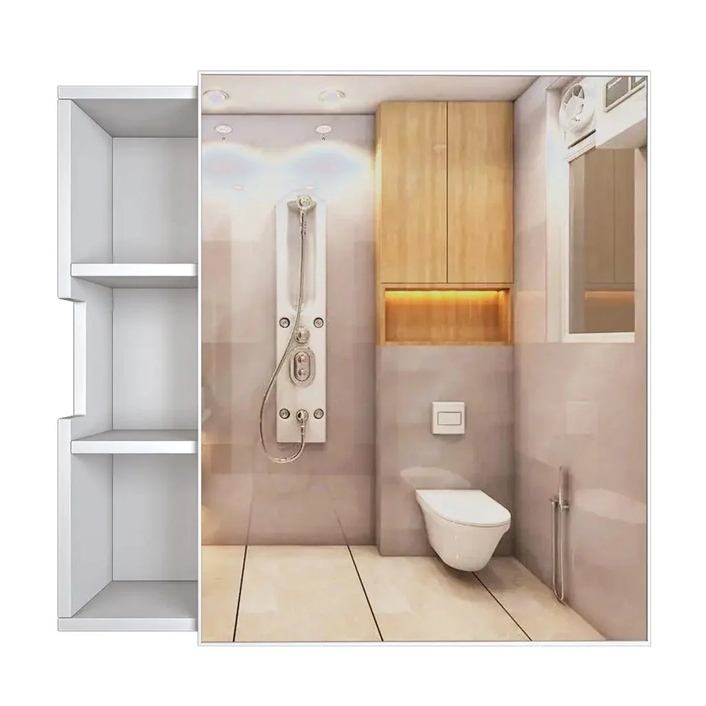 Luxurious Classic Wooden Bathroom Cabinet Mirror with 3 Open Shelves with White Finish - Image 3