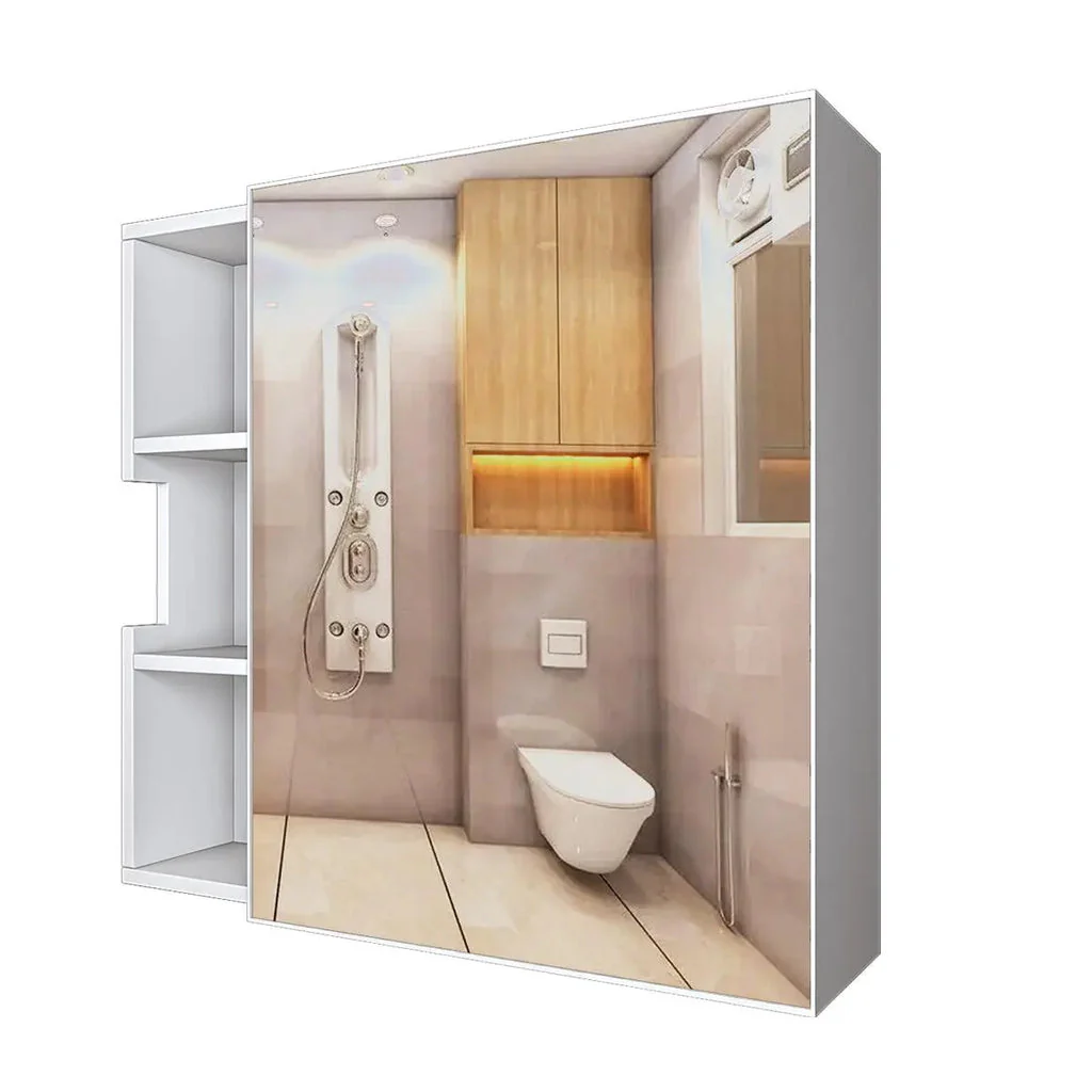 Luxurious Classic Wooden Bathroom Cabinet Mirror with 3 Open Shelves with White Finish - Image 4